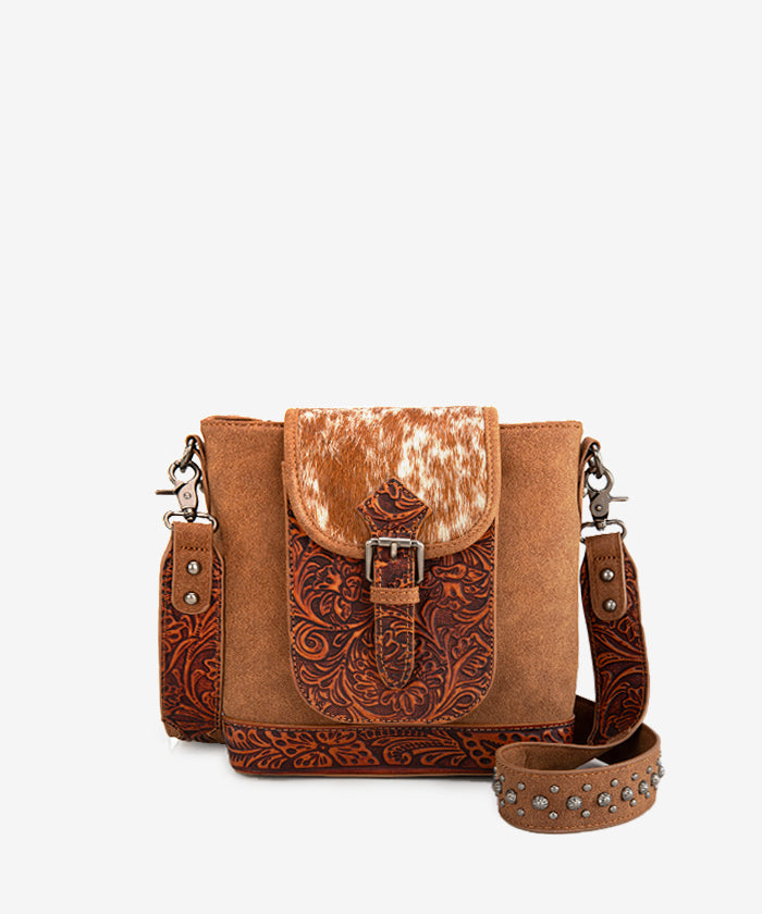 Trinity Ranch Genuine Hair-on Cowhide Tooled Leather Crossbody Purse for Women - Western Style Handbag for Rodeo, Country Music Festivals & Everyday Use