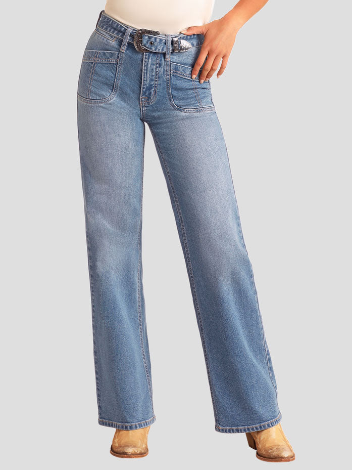 Rock & Roll Denim Women's High Rise Belted Relaxed Flare Jeans - Medium Wash Vintage Style for Casual Outfits & Retro Fashion Looks