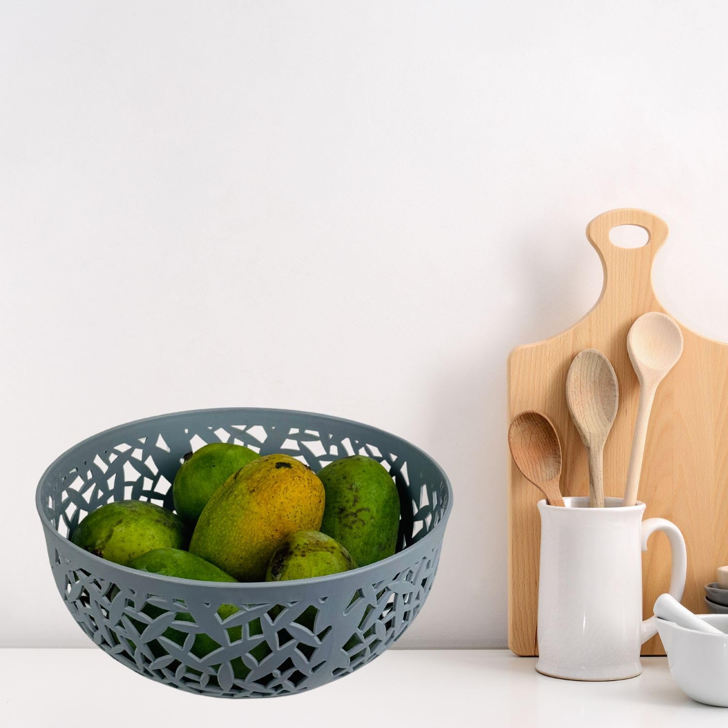 Go Hooked Plastic Fruit and Vegetable Storage Basket - Round Multipurpose Organizer for Kitchen, Bathroom & Laundry (Set of 2, Light Grey) | Durable Food Storage Container | Perfect for Produce, Toys & Home Organization