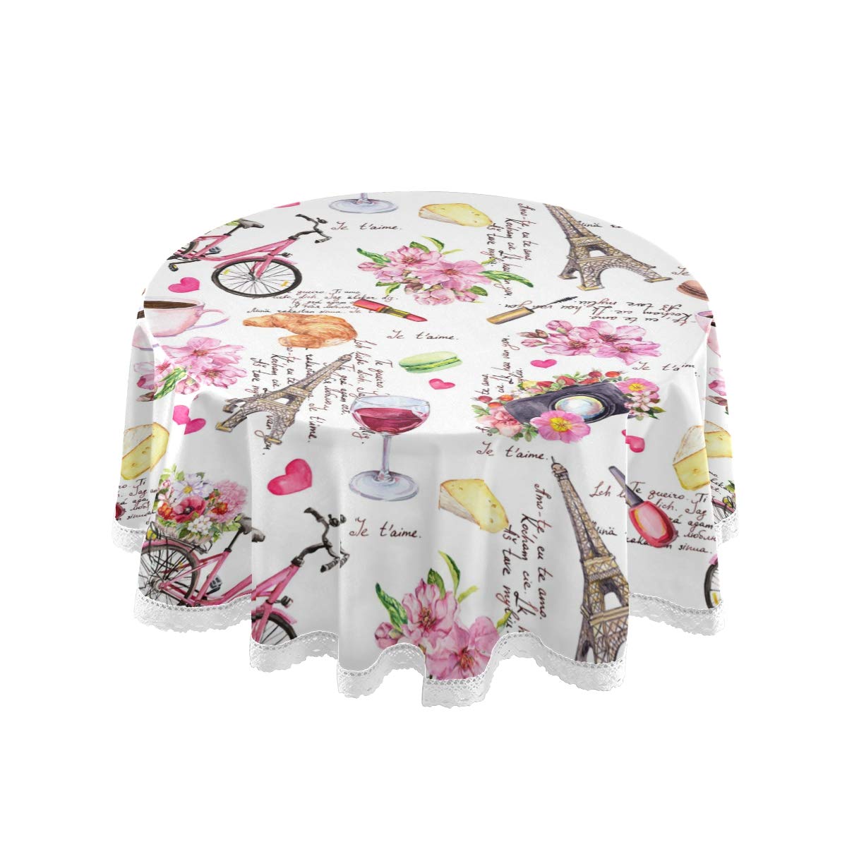 AUUXVA Paris Eiffel Tower Floral Round Tablecloth - 60 Inch Polyester Table Cover for Dining, Kitchen, Wedding, Restaurant & Outdoor Events | Elegant Decor for Parties, Buffets and Picnics