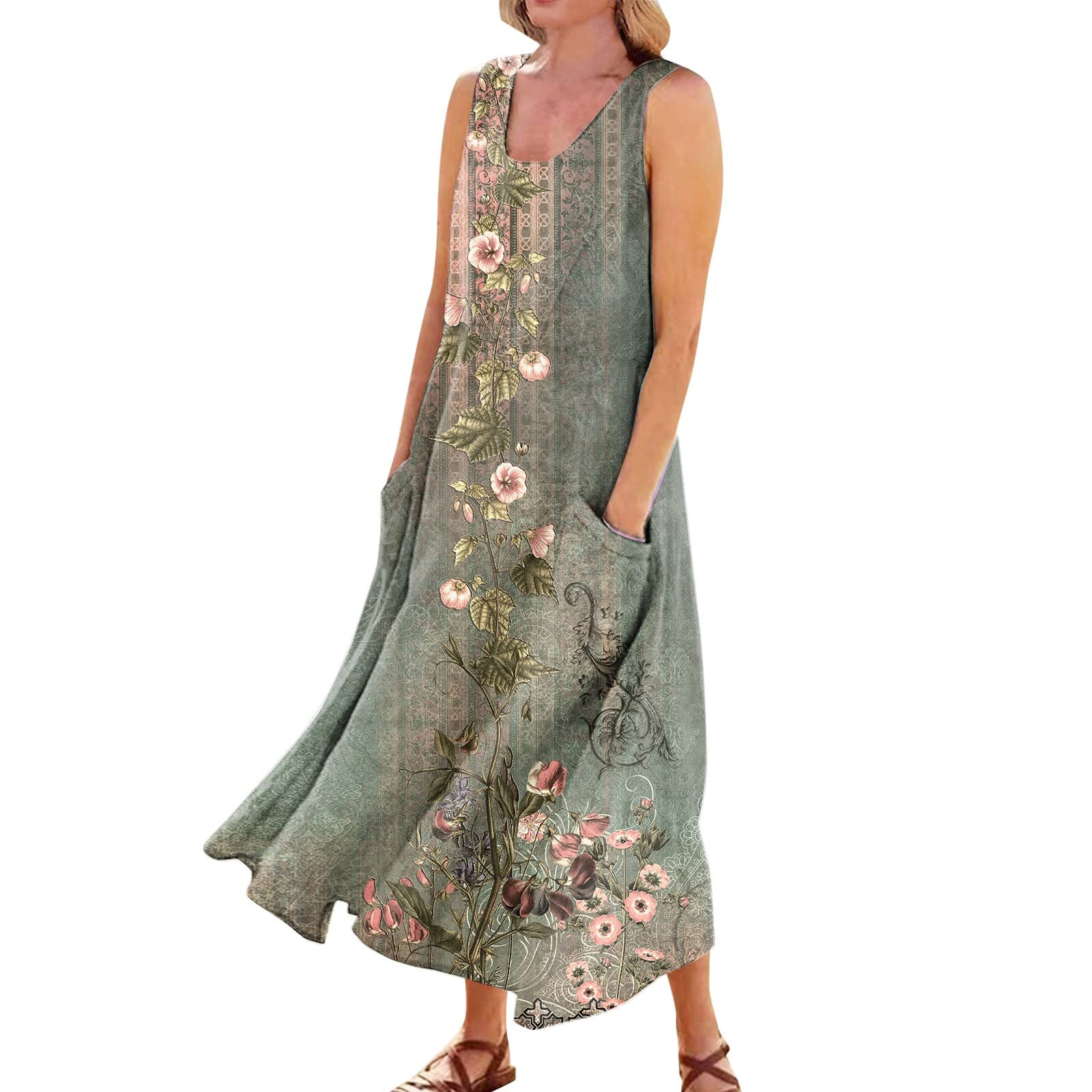 Plus Size Summer Dresses for Women - Sleeveless Flowy Maxi Sundress with Pockets | Casual Loose Fit Beach Dress for Curvy Ladies | Perfect for Vacations, Outdoor Parties & Summer Getaways