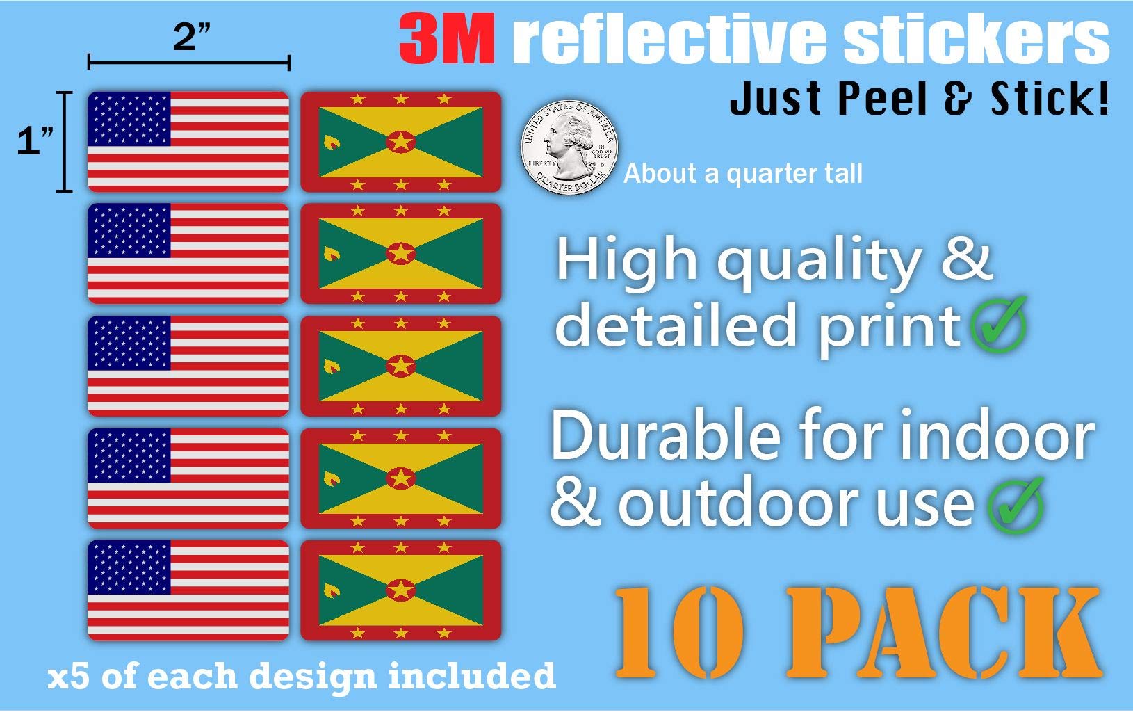 3M Reflective Grenada & US Flag Stickers (10-Pack) - High Visibility Safety Decals for Hard Hats, Helmets, Bikes & Toolboxes - Perfect for Construction Workers, Cyclists & Outdoor Enthusiasts