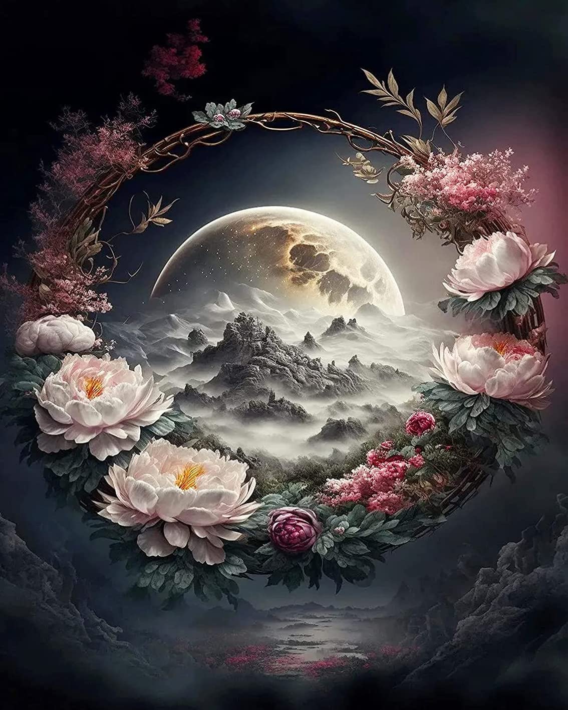 DIY Moon Peony Moonlight Paint by Numbers Kit for Adults - Complete Acrylic Painting Set with Brushes & Pigments | Relaxing Home Decor & Creative Gift Idea