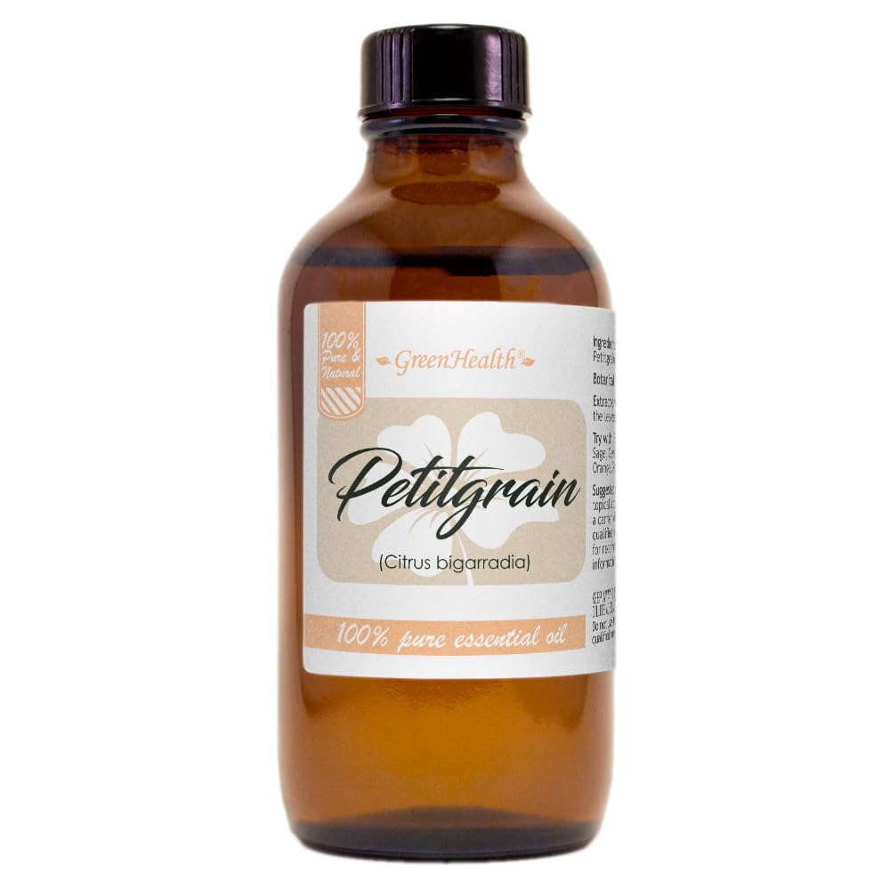 100% Pure Petitgrain Essential Oil - 4 fl oz (118 ml) Glass Bottle with Dropper Cap - Aromatherapy, Diffuser & Massage Oil - GreenHealth - Perfect for Relaxation, Stress Relief & Skin Care