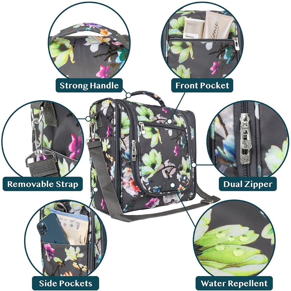 PAVILIA Large Hanging Toiletry Bag - Waterproof Travel Cosmetic Organizer for Women & Men, Floral Grey - Perfect for Travel Essentials & Accessories
