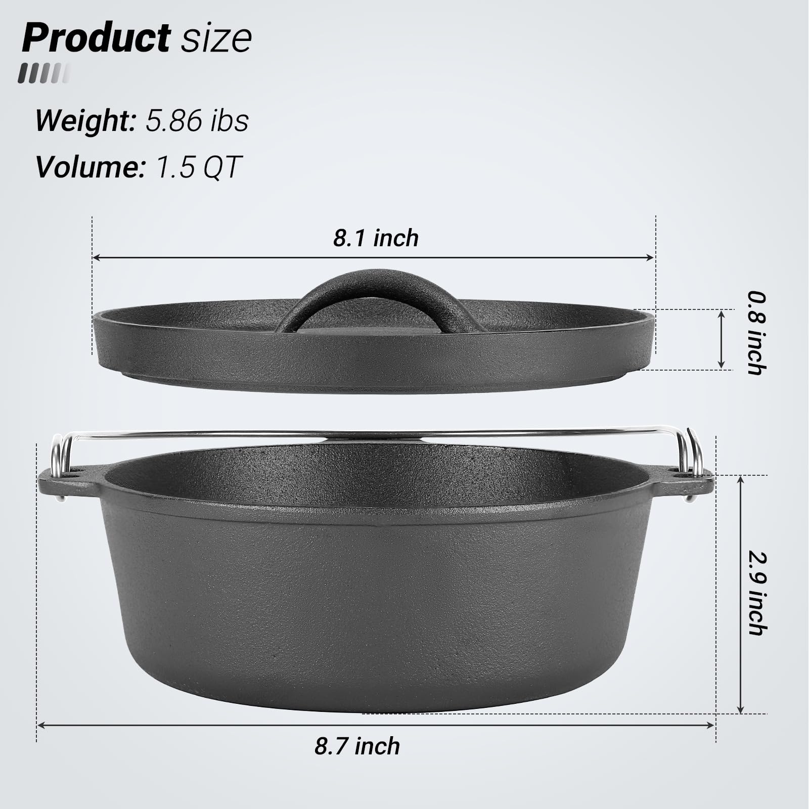 Cast Iron Dutch Oven with Lid - 1.5 Quart Enameled Pot for Cooking, Baking & Roasting - Perfect for Small Dishes, Side Dishes, Camping, BBQ & Garlic Roasting - Durable Camping Cookware Set for Outdoor & Indoor Use