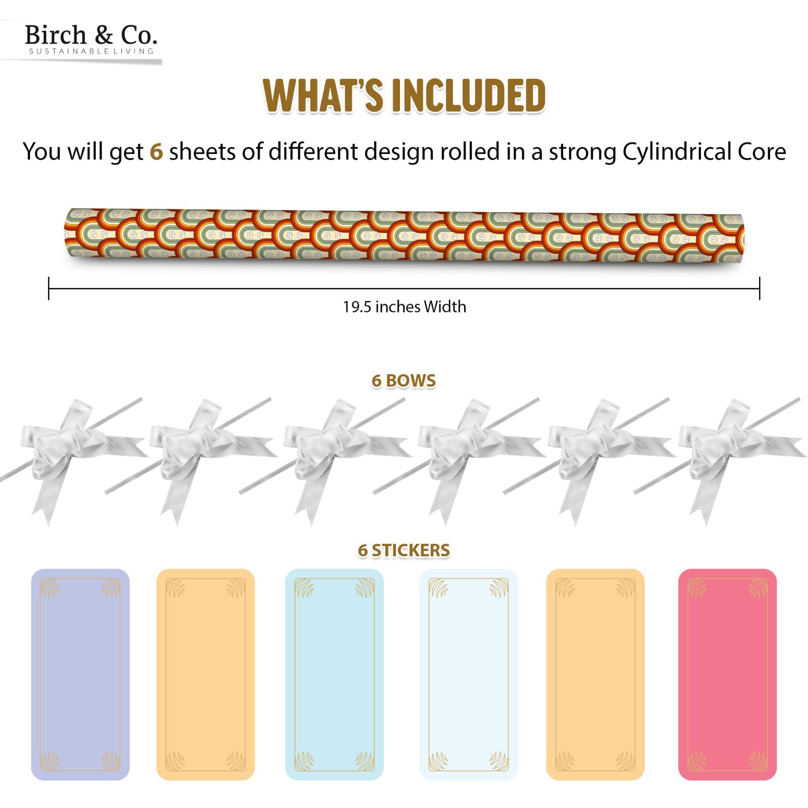 Premium Birch & Co. Gift Wrapping Paper Set - 6 Assorted Sheets for Elegant Present Packaging - Perfect for Birthdays, Weddings & Holiday Gifts