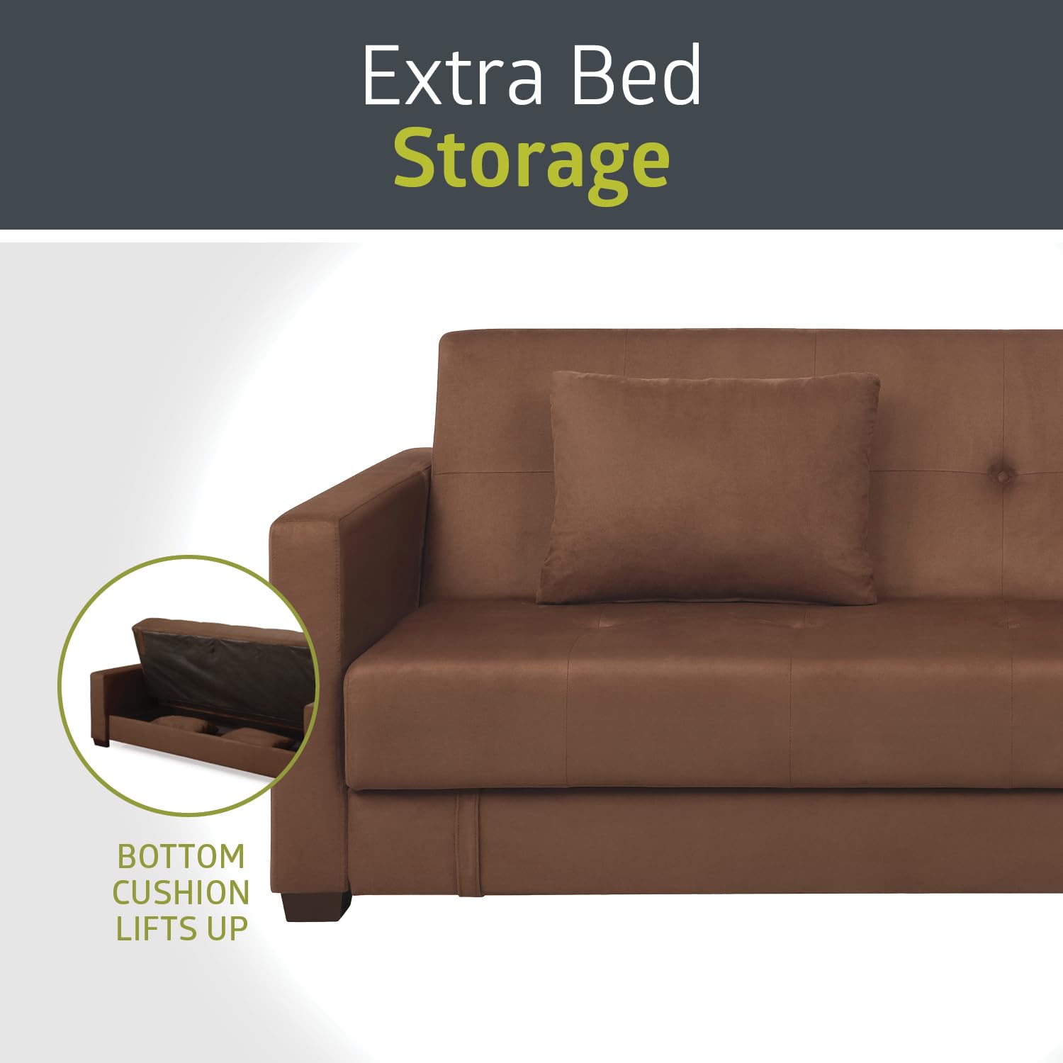 Pearington Mia Sofa Bed - Convertible Microfiber Futon Couch Sleeper with Under Seat Storage, Multi-Position Lounger for Bedroom, Living Room & Office - Mocha Brown | Perfect for Small Spaces, Guest Rooms & Studio Apartments