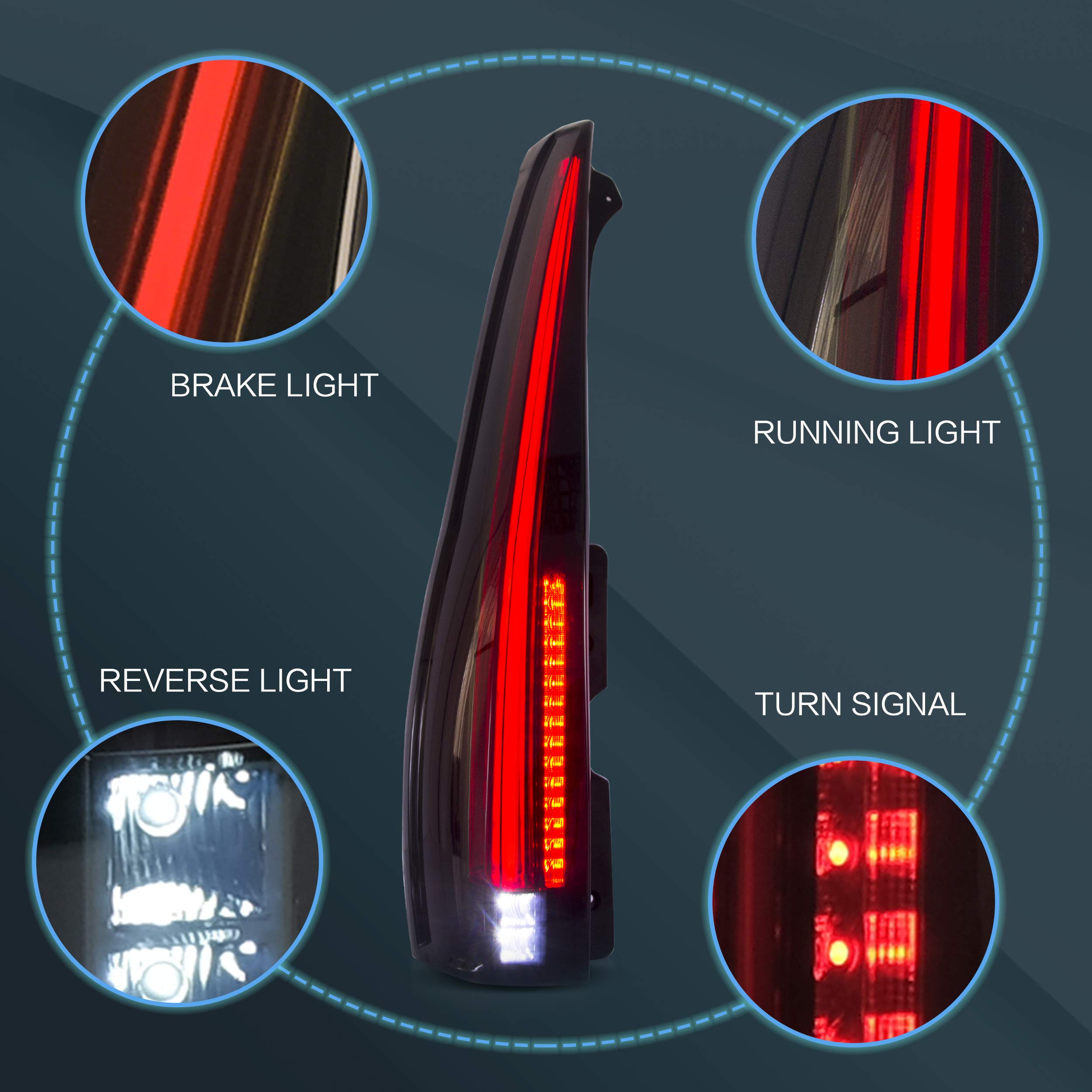 VLAND LED Tail Lights Assembly for 2007-2014 Cadillac Escalade & Escalade ESV - Smoked Lens, Red Turn Signal, 6 Hole 5 Pin Plug, Plug & Play (Not Compatible with GMC/Chevrolet) - Upgrade Your SUV's Style & Night Visibility