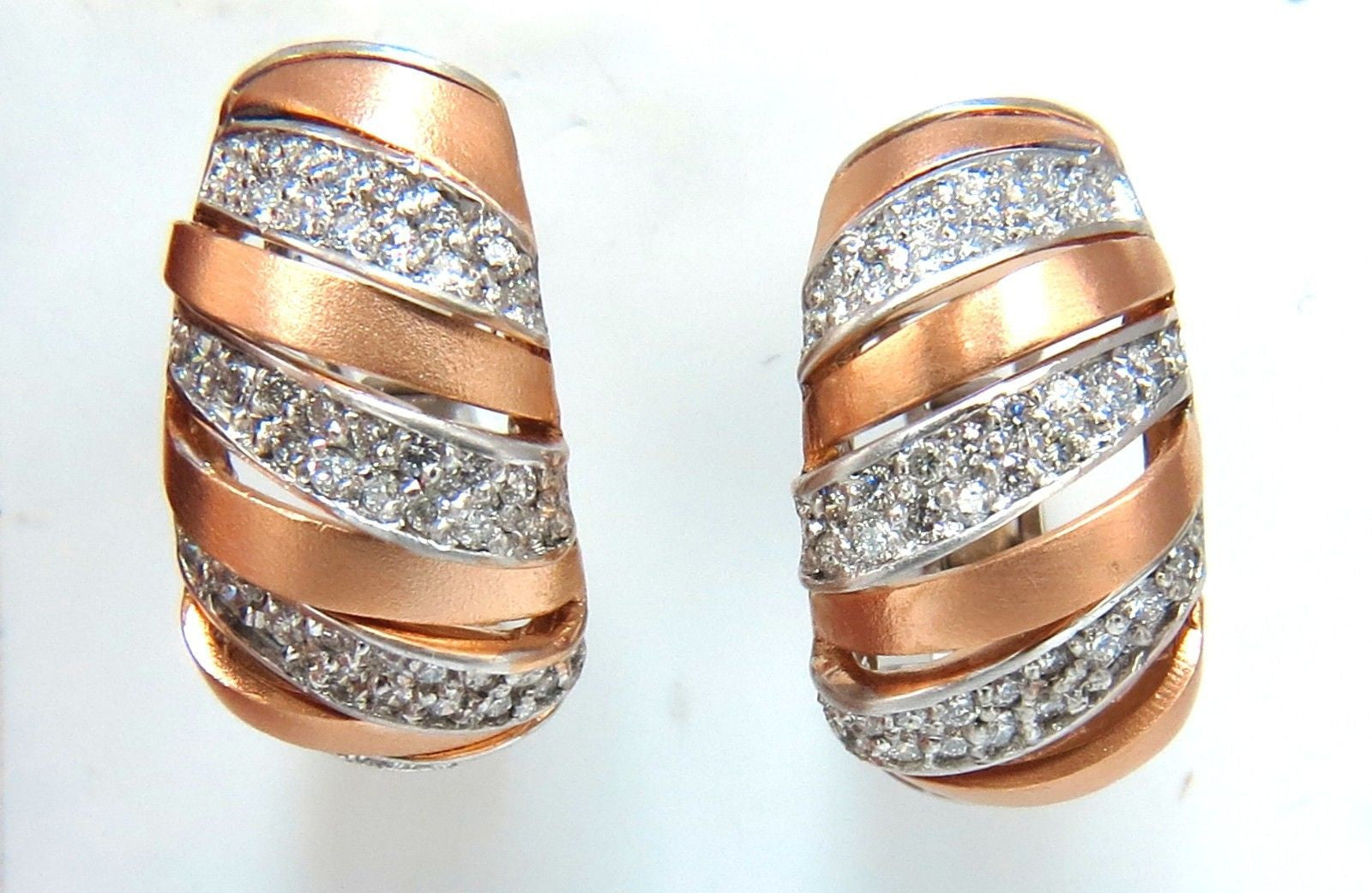 1.00CT Natural Diamonds Hoop Earrings 14K Rose Gold G/VS 3D Slant Striped Design - Perfect for Weddings, Parties & Everyday Elegance