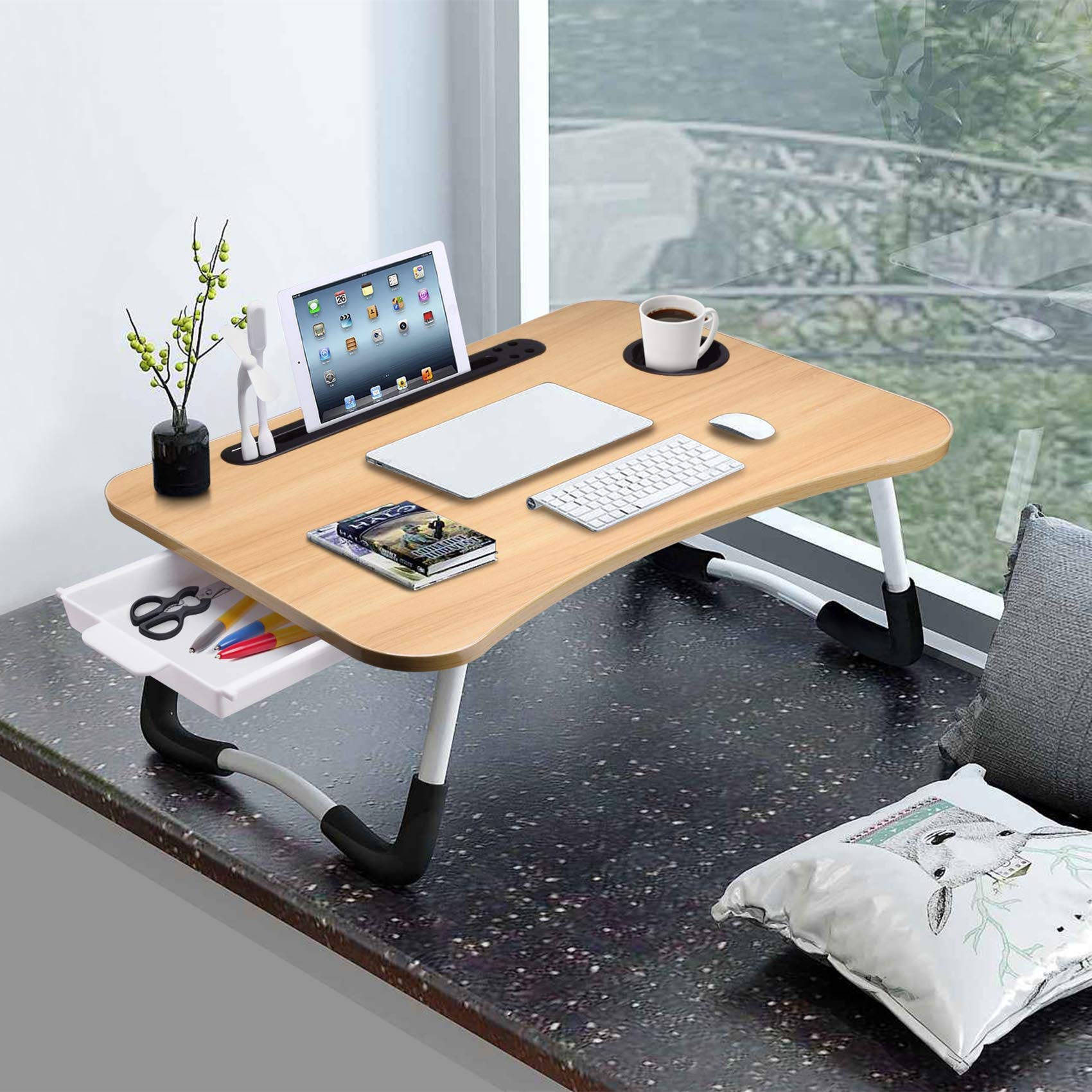 Foldable Laptop Stand with Drawer - Portable Adjustable Laptop Bed Tray for Reading, Writing & Breakfast in Bed - Lightweight Lap Desk for Couch, Sofa & Floor Use - Perfect for Home Office, Dorm & Travel