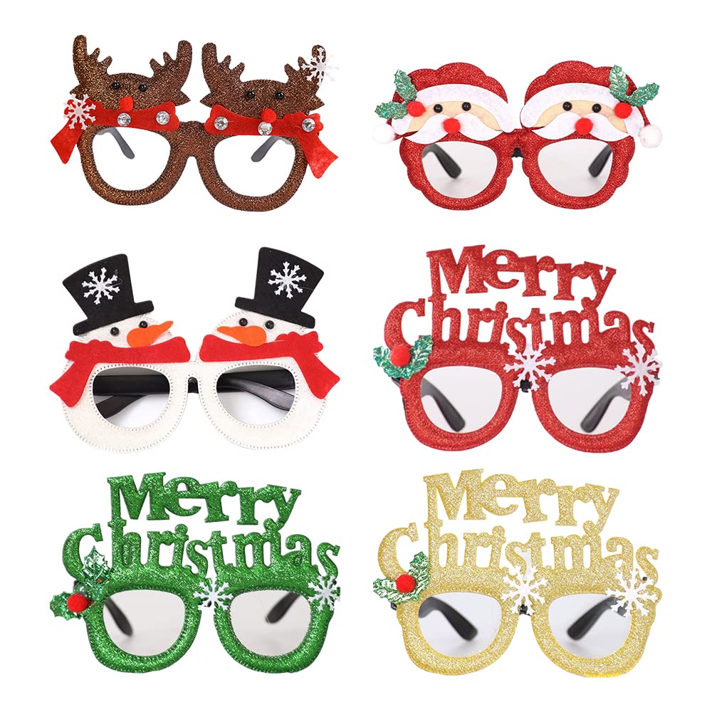 6 Pcs Christmas Glitter Party Glasses Frames - Xmas Holiday Costume Eyewear for Christmas Parties, New Year Celebrations & Photo Booth Props (One Size Fits All) - Perfect for Holiday Gatherings, Festive Photos & Christmas Decorations