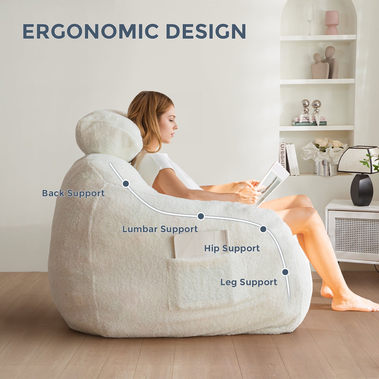 MAXYOYO Giant Bean Bag Chair with Pillow - Extra Large Fuzzy Comfy Bean Bag for Adults & Kids, Beige - Perfect for Living Room, Bedroom, Game Room & Dorm Relaxation