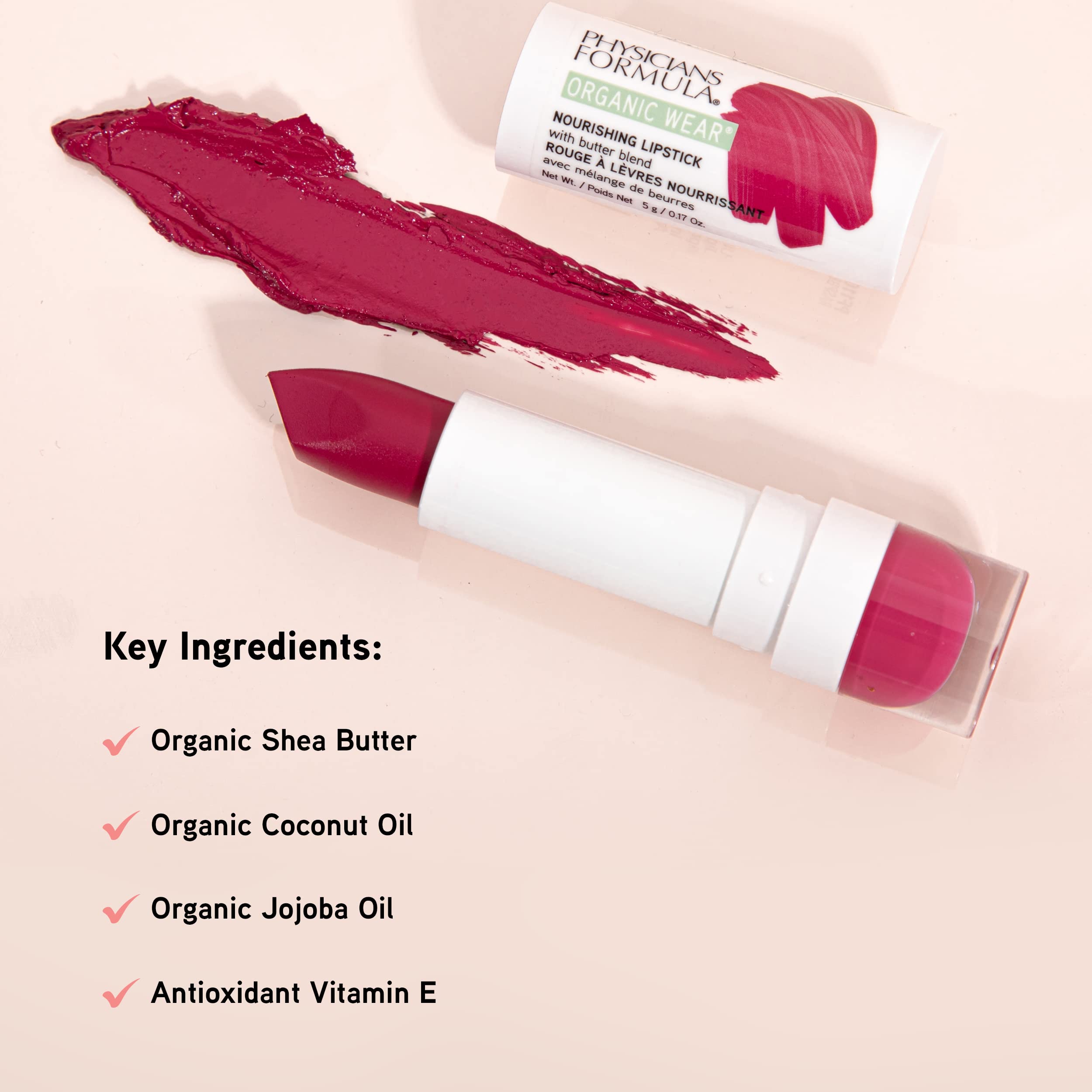 Physicians Formula Organic Wear All Natural Lipstick - Goji Berry, Nourishing & Dermatologist Approved, Gluten Free | Vegan Lip Color for Daily Wear, Date Night & Special Occasions