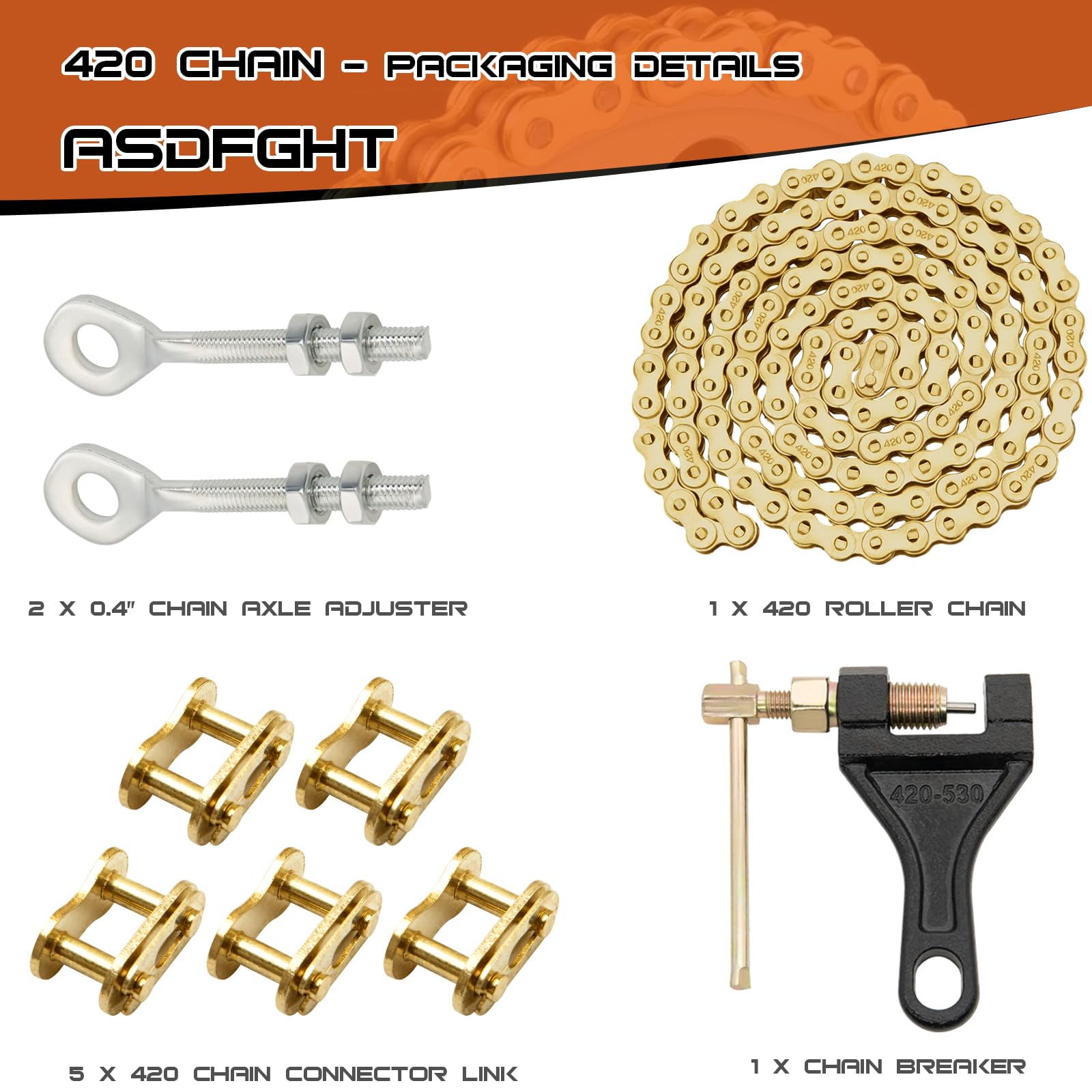 ASDFGHT 420 Roller Chain 132 Links Gold - 420 Drive Chain for 110cc & 125cc Dirt Pit Bikes, ATV, Quad, Go Kart, Scooter & Mini Bikes - Includes Chain Breaker & 0.4
