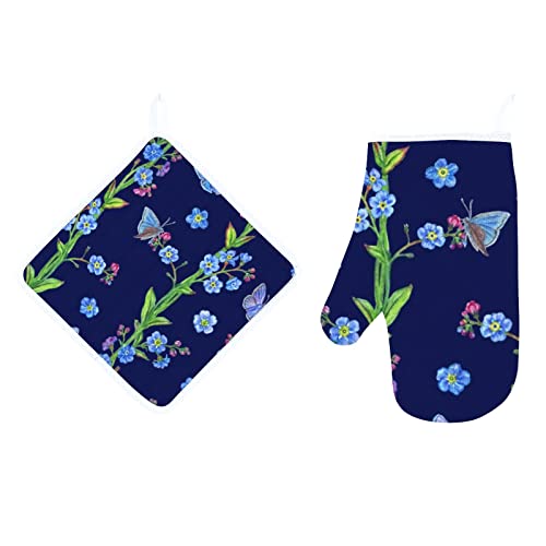 Watercolor Flowers Butterflies Dark Blue