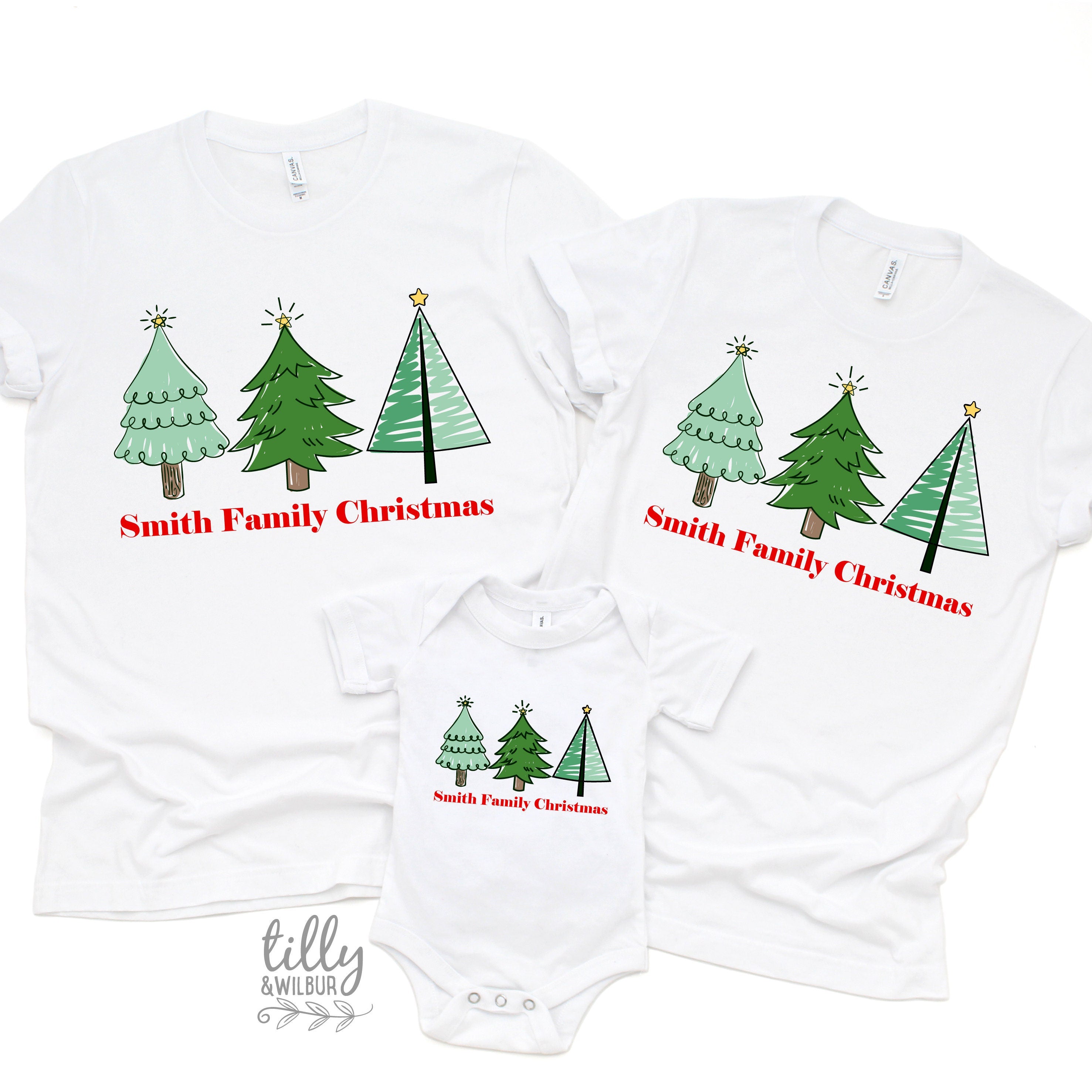 Custom Christmas Tree Family Surname T-Shirts - Personalized Holiday Matching Outfits (Multiple Colors Available) | Perfect for Christmas Photos, Family Reunions & Festive Gatherings