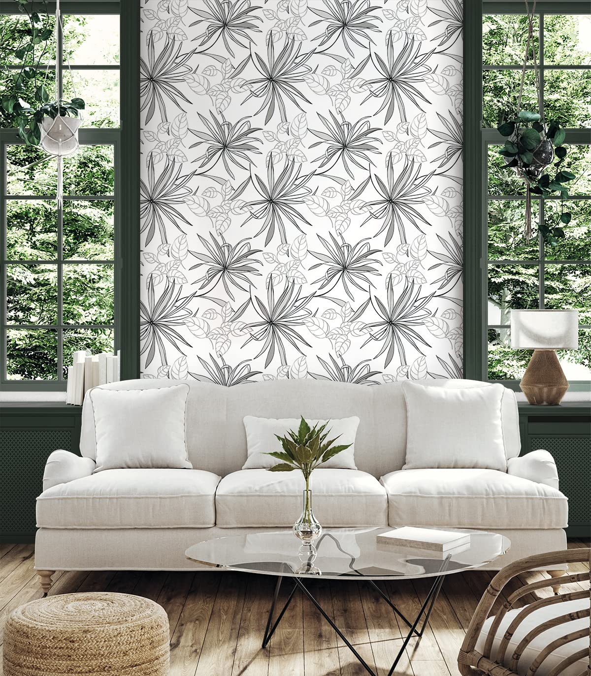 NextWall Spider Plants Peel and Stick Wallpaper - Self-Adhesive Removable Wall Mural in Grayscale - Perfect for Bedroom, Living Room, Nursery & Home Office Decor