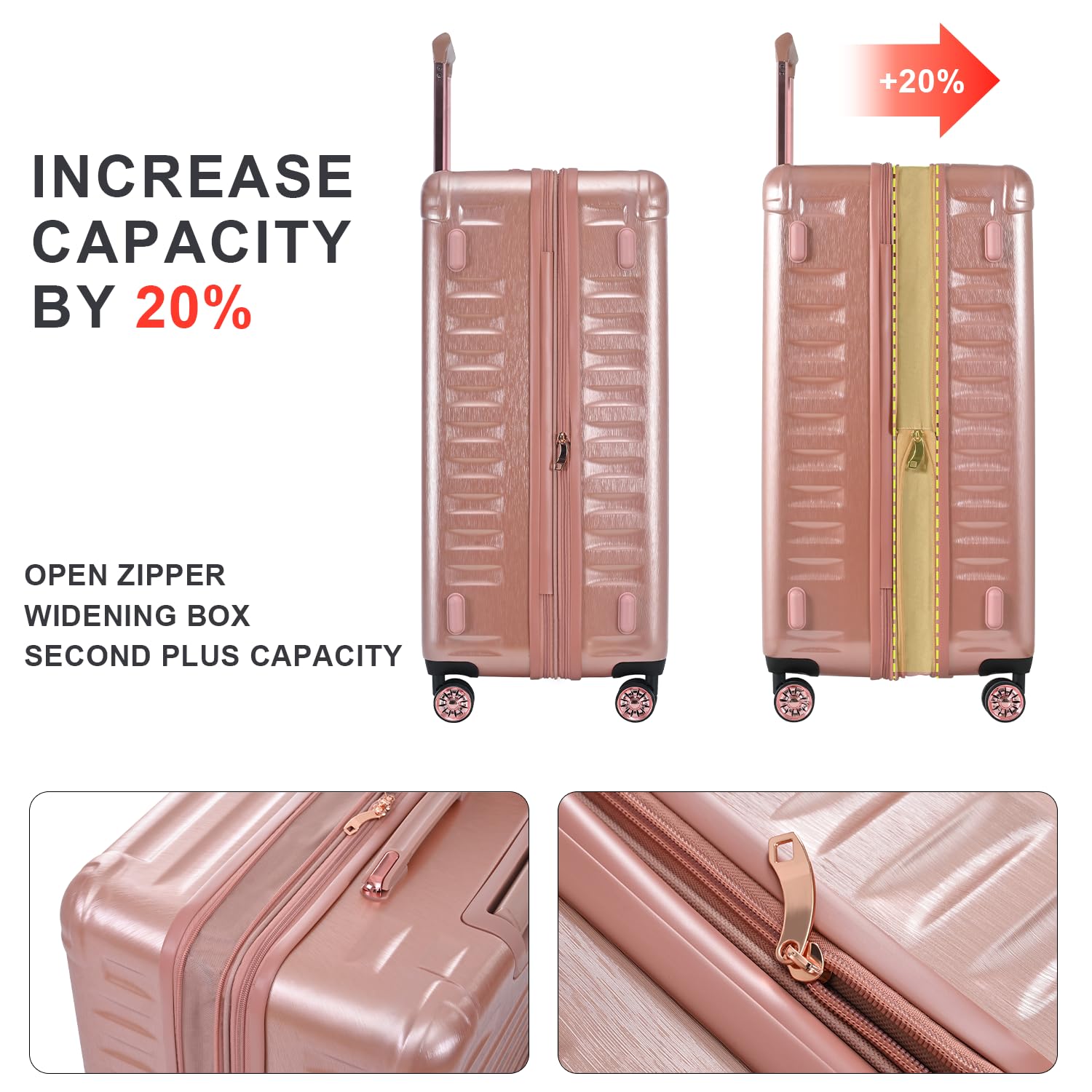 3 Piece Lightweight Hardside Luggage Set - 20/24/28 Inch Expandable PC+ABS Suitcases with 360° Spinner Wheels for Business & Travel (Rose Gold Stripe) | Perfect for Air Travel, Business Trips & Family Vacations