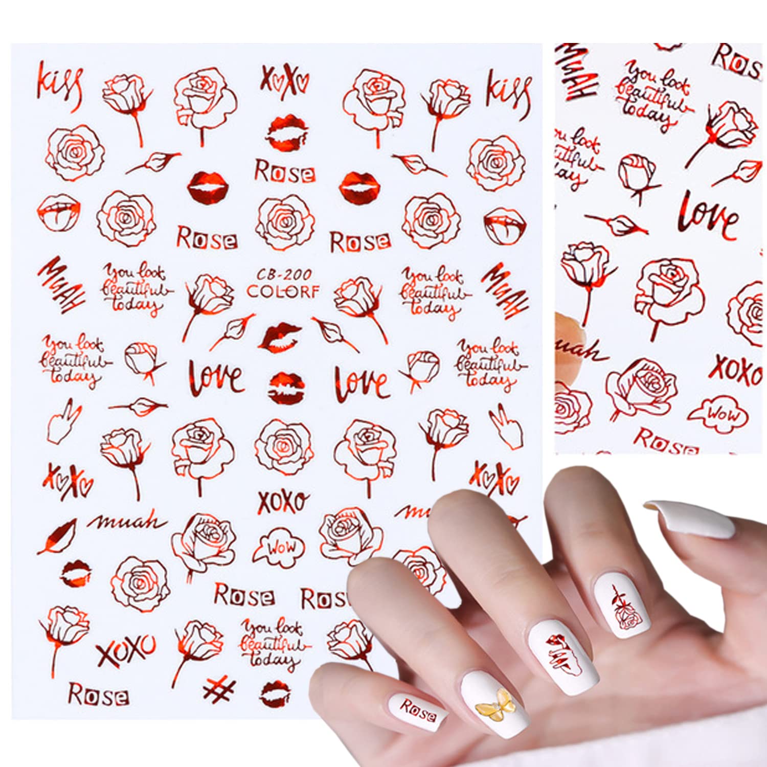 3D Rose Flower Nail Art Stickers - Self-Adhesive Floral Nail Decals with Red Roses, Hearts & Lips Design for Women & Girls | Perfect for Valentine's Day, Weddings, Parties & Manicure Decorations