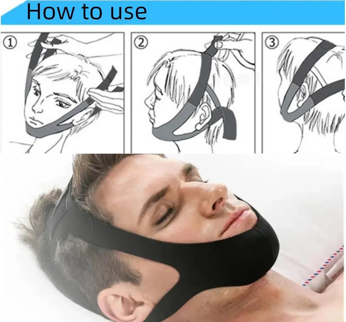 Veralabs Airflow Jaw Strap for Sleep Apnea Relief - 3PC Set (Blue) - Comfortable & Adjustable Snoring Solution for Men & Women - Ideal for Nighttime Use & Travel