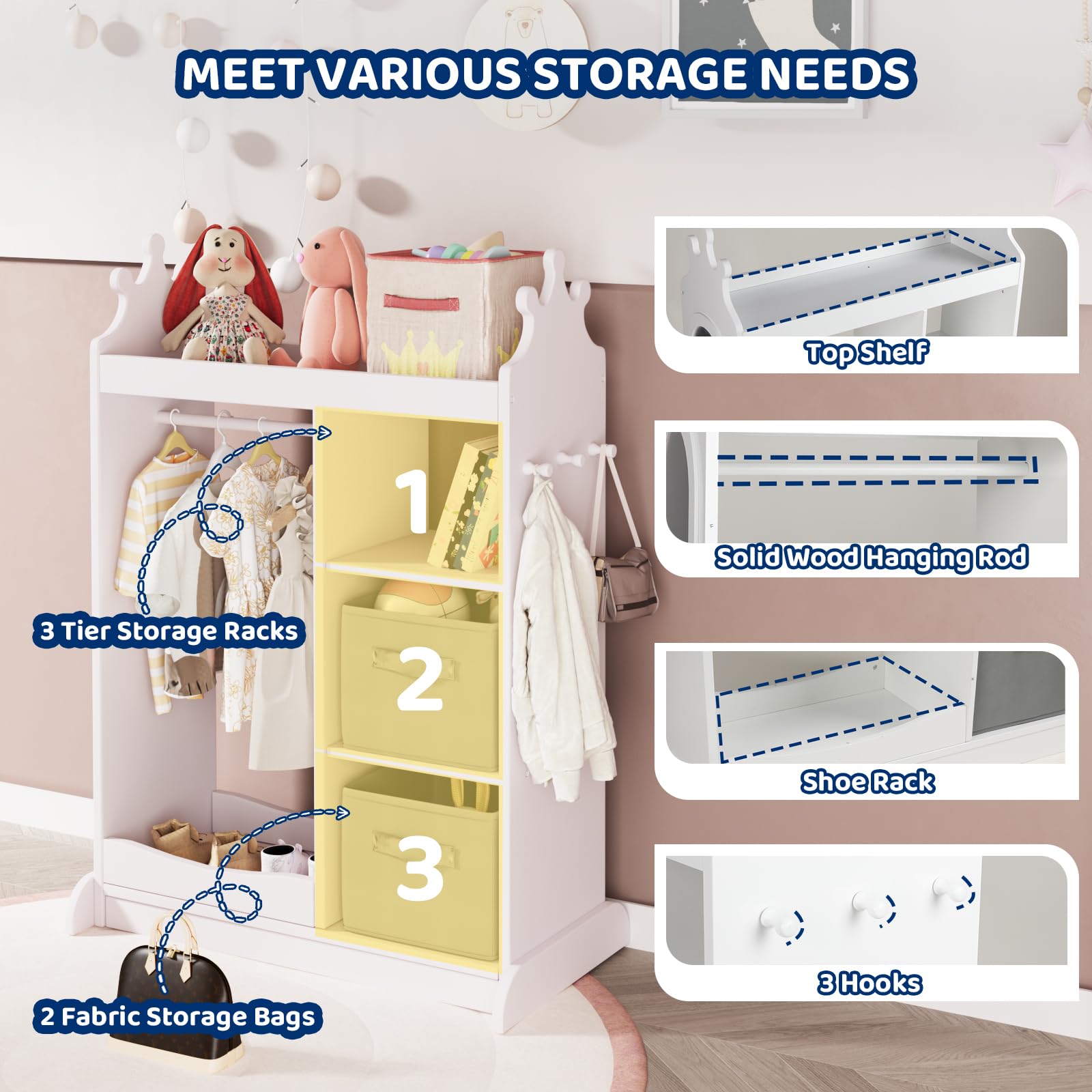 KIDINIX Kids Wardrobe with Mirror - White Open Dress Up Storage Armoire with 3-Tier Shelf, 2 Fabric Bins & Shoe Rack - Perfect for Organizing Coats, Dance Costumes, Hats & Shoes in Bedroom or Playroom