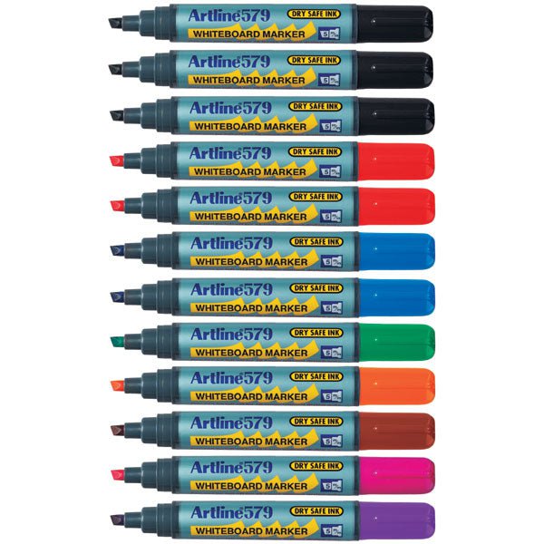 Artline 579 Whiteboard Markers - 12 Pack with 5mm Chisel Tip, Assorted Colors (Black, Blue, Red, Green) - Ideal for Office, Classroom & Home Whiteboard Presentations