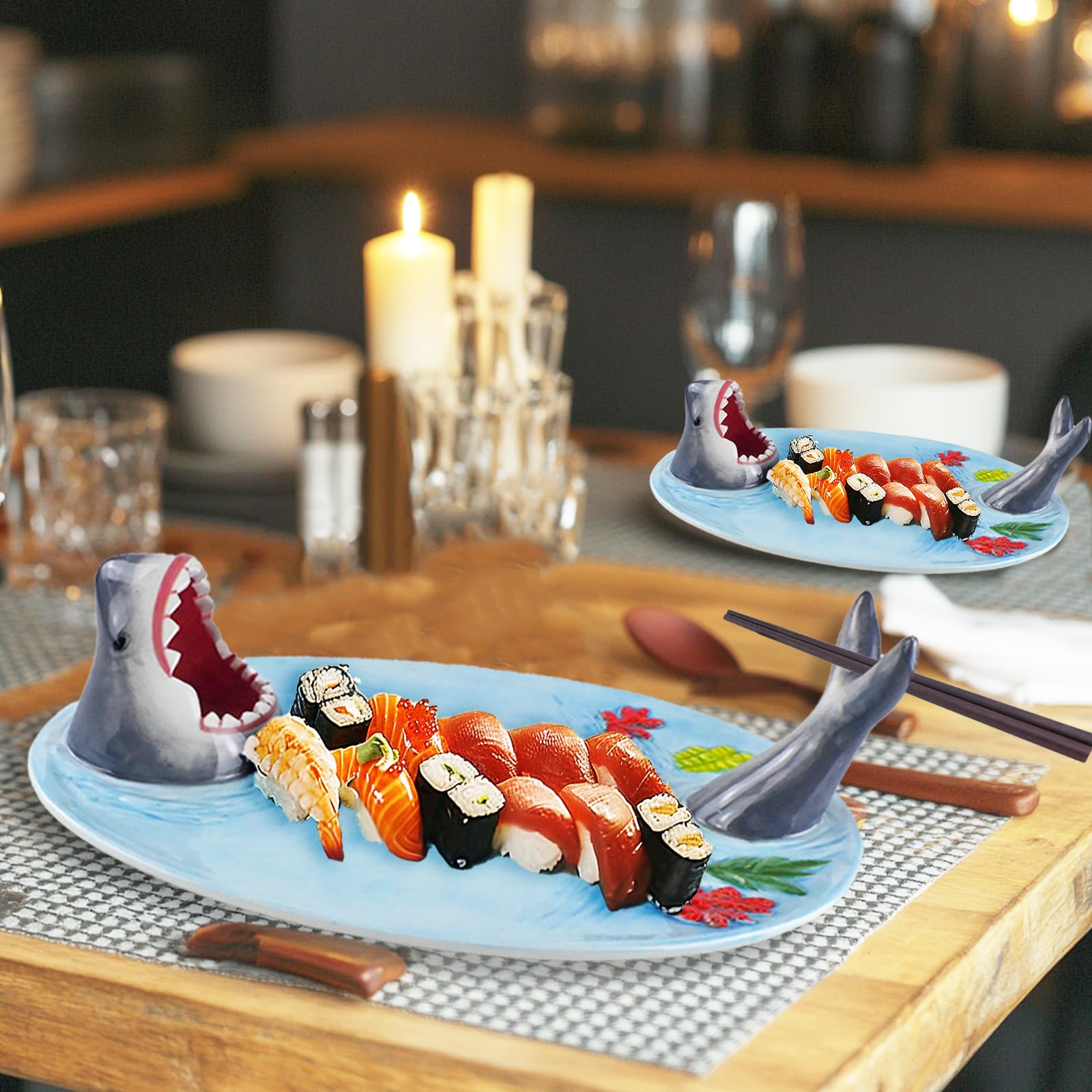 Shark Sushi Plate with Sauce Compartment - Lead-Free Ceramic Dish - Microwave, Oven, Freezer & Dishwasher Safe - Perfect for Sushi Parties, Asian Cuisine & Seafood Dining