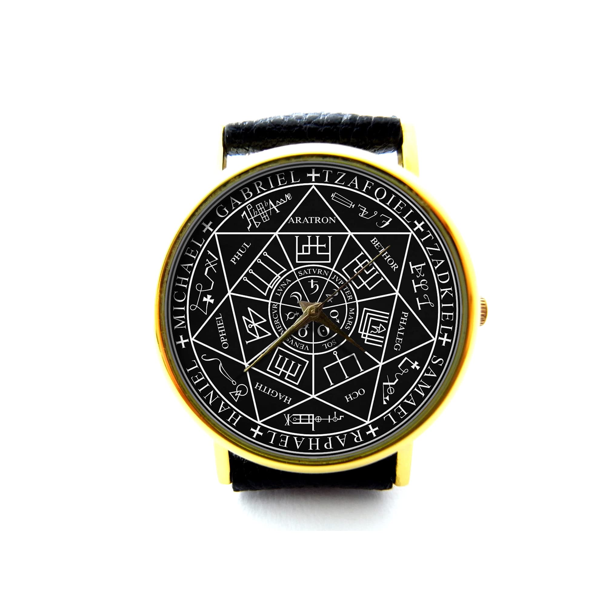 Seven Archangels Seal Sigil Occult Leather Watch - Alchemy Symbol Unisex Timepiece with Magic Jewelry Design P449 | Perfect for Wiccan Rituals, Pagan Ceremonies & Spiritual Protection