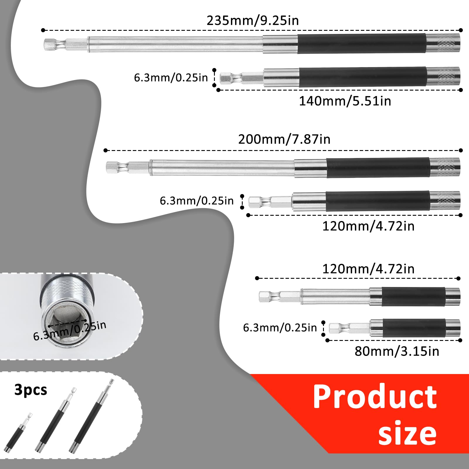 3PCS Magnetic Screwdriver Bit Holder Extension Bar - Quick Release Drill Adapter for Nuts, Hex Shank Bits - Perfect for DIY Projects, Furniture Assembly & Automotive Repairs