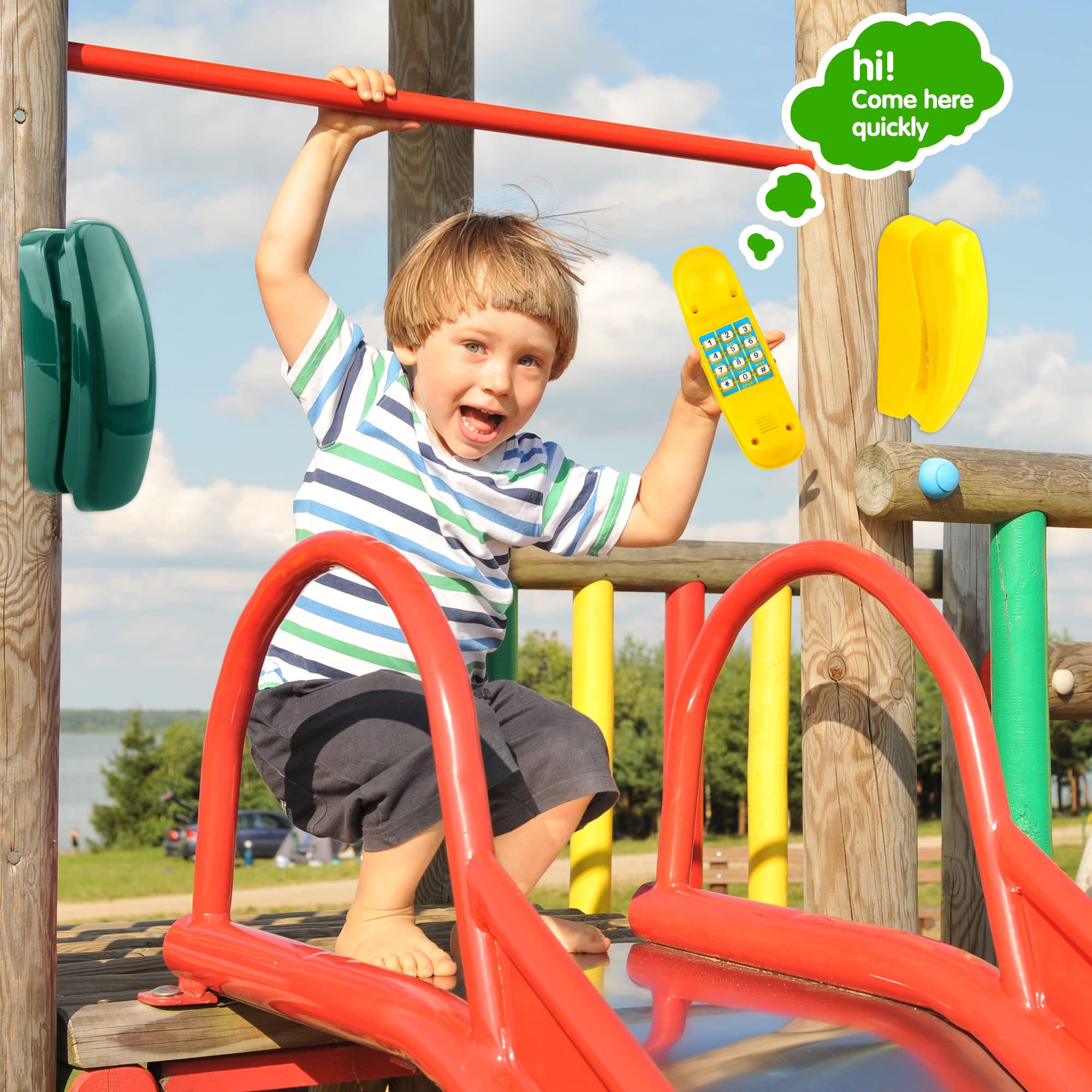 2 Pack Outdoor Swing Set Pretend Play Telephones for Kids - Plastic Toy Phones with Numeric Keypad - Fun Playground & Treehouse Accessories (Yellow, Green) - Perfect for Backyard, Park & Playground Pretend Play