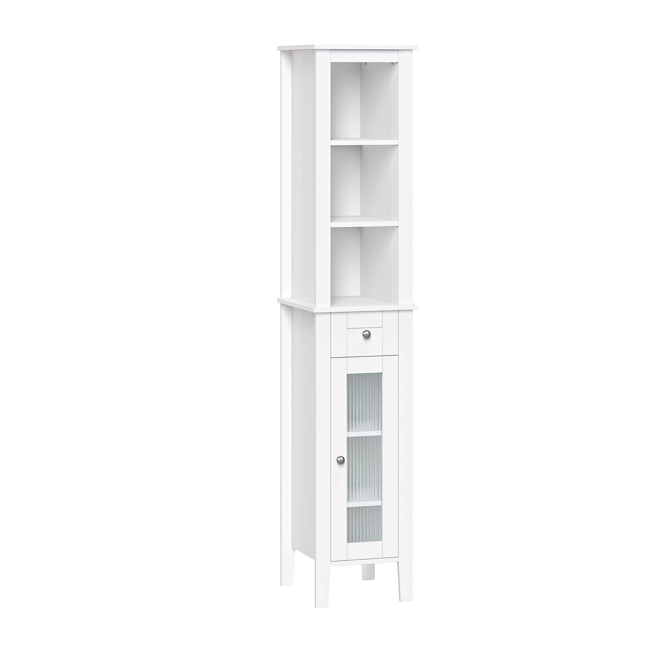 RiverRidge Prescott Tall Bathroom Storage Cabinet with Reeded Soft-Close Glass Door - 3 Open Shelves & Drawer - Slim Narrow Bathroom Vanity Organizer for Towels, Toiletries & Cosmetics - Perfect for Small Bathrooms, Powder Rooms & Apartment Living