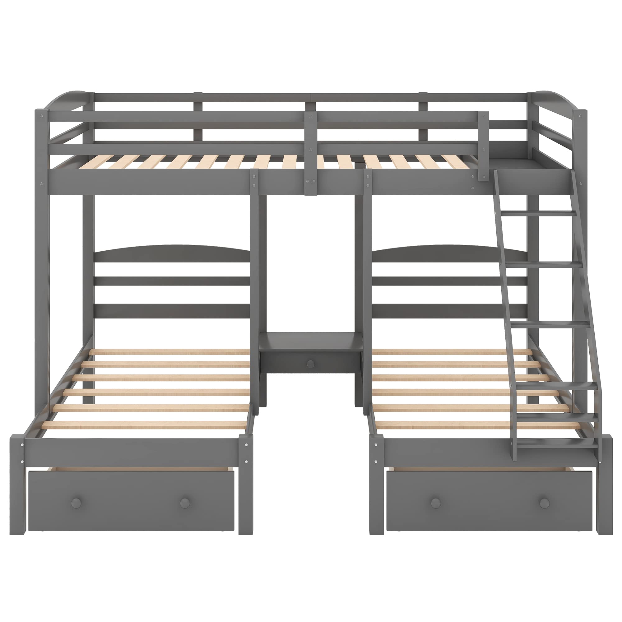 P PURLOVE Full Over Twin and Twin Wood Triple Bunk Bed Frame with Storage Drawers, No Box Spring Needed - Space-Saving Kids Bedroom Furniture for Shared Rooms & Sleepovers (Gray)