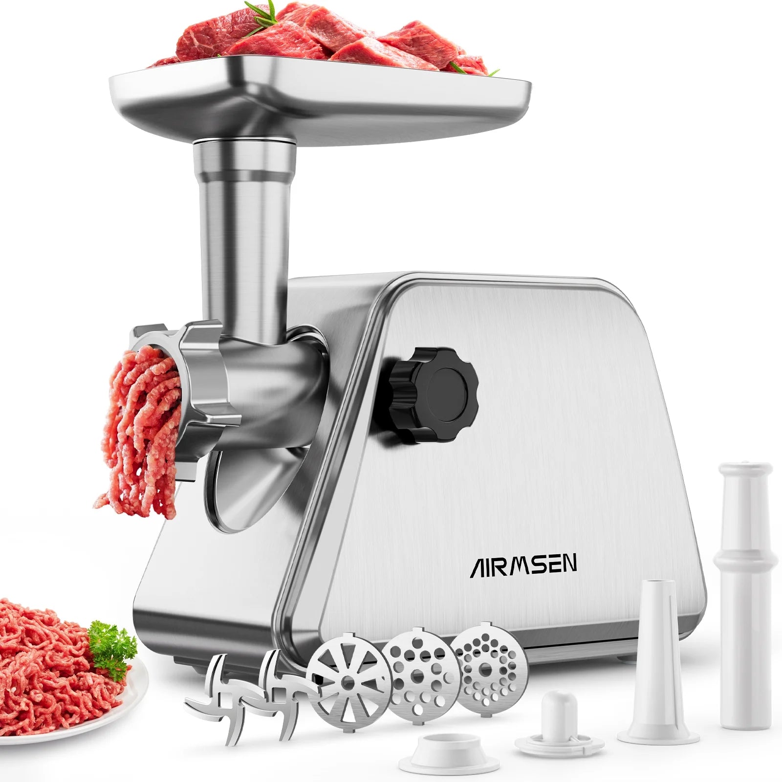 Premium Electric Meat Grinder - 3-in-1 Stainless Steel Mincer with 2 Blades & 3 Plates, Sausage & Kubbe Maker Kit for Home Kitchen & Commercial Use - Perfect for Ground Beef, Sausages, Burgers & Food Prep