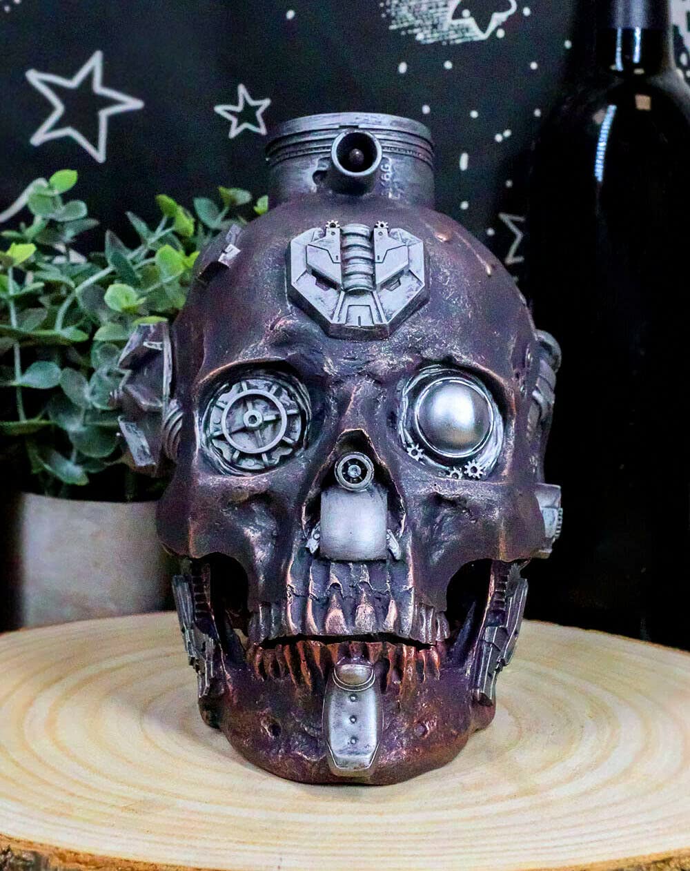 Steampunk Skull Head Statue - 7.5 Inch Black Copper Machine Figurine with Closed Mouth | Gothic Home Decor, Office Desk Accessory, Unique Gift for Collectors