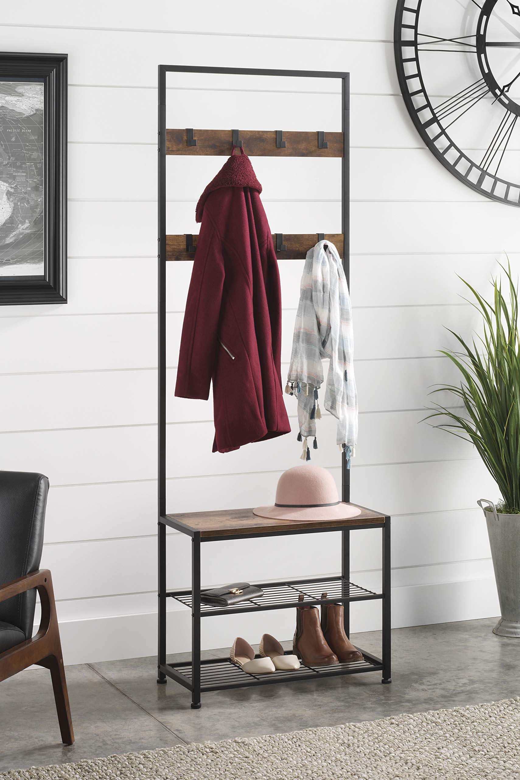 Whitmor Modern Industrial Coat Rack with Shoe Storage - Rustic Brown Hall Tree for Entryway - Perfect for Small Spaces, Apartments & Mudroom Organization