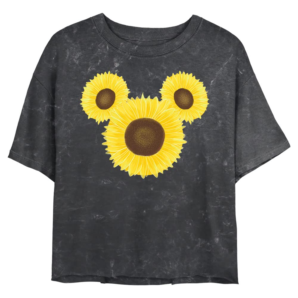 Disney Mickey Mouse Sunflower Women's Short Sleeve Crop T-Shirt - Soft Mineral Wash Cotton Top for Casual Wear, Summer Outfits & Disney Theme Parties