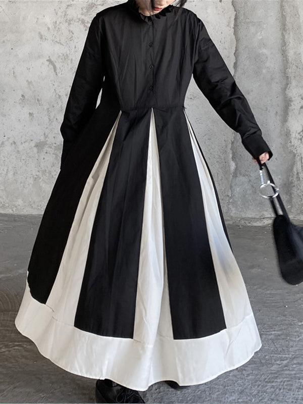 Lovevop Black and White Stitching Stand Collar Large Swing Retro Dress - Vintage Style Flowy Dress for Women, Perfect for Parties, Weddings & Date Nights
