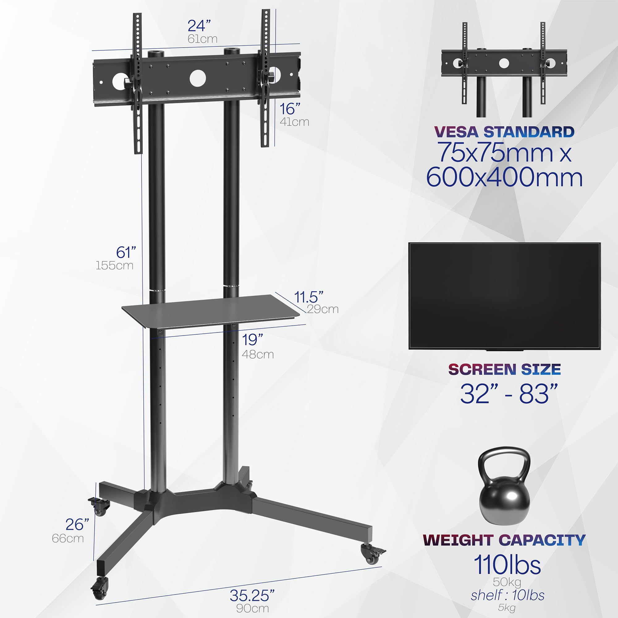 VIVO Mobile TV Stand Cart for 32 to 83 Inch Screens up to 110 lbs - Universal Rolling TV Mount for LCD LED OLED 4K Smart Flat & Curved TVs - Heavy Duty Stand with Laptop Shelf, DVD Storage & Locking Wheels - Max VESA 600x400 - Perfect for Living Room, Bedroom or Office (Black, Model STAND-TV03E)