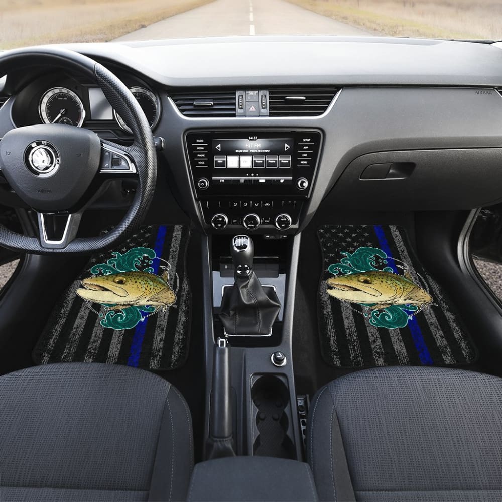 Premium Brook Trout Fishing & Thin Blue Line American Flag Car Floor Mats - All-Weather Protection for Trucks, SUVs & Vehicles - Perfect for Outdoor Enthusiasts & First Responders