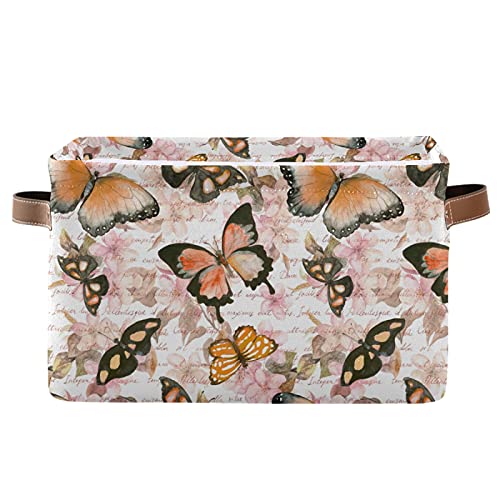 Vintage Orange Butterflies Collapsible Storage Basket with PU Handles - Waterproof Laundry Organizer for Nursery, Bedroom & Bathroom - 1 Pack Home Decor Storage Solution