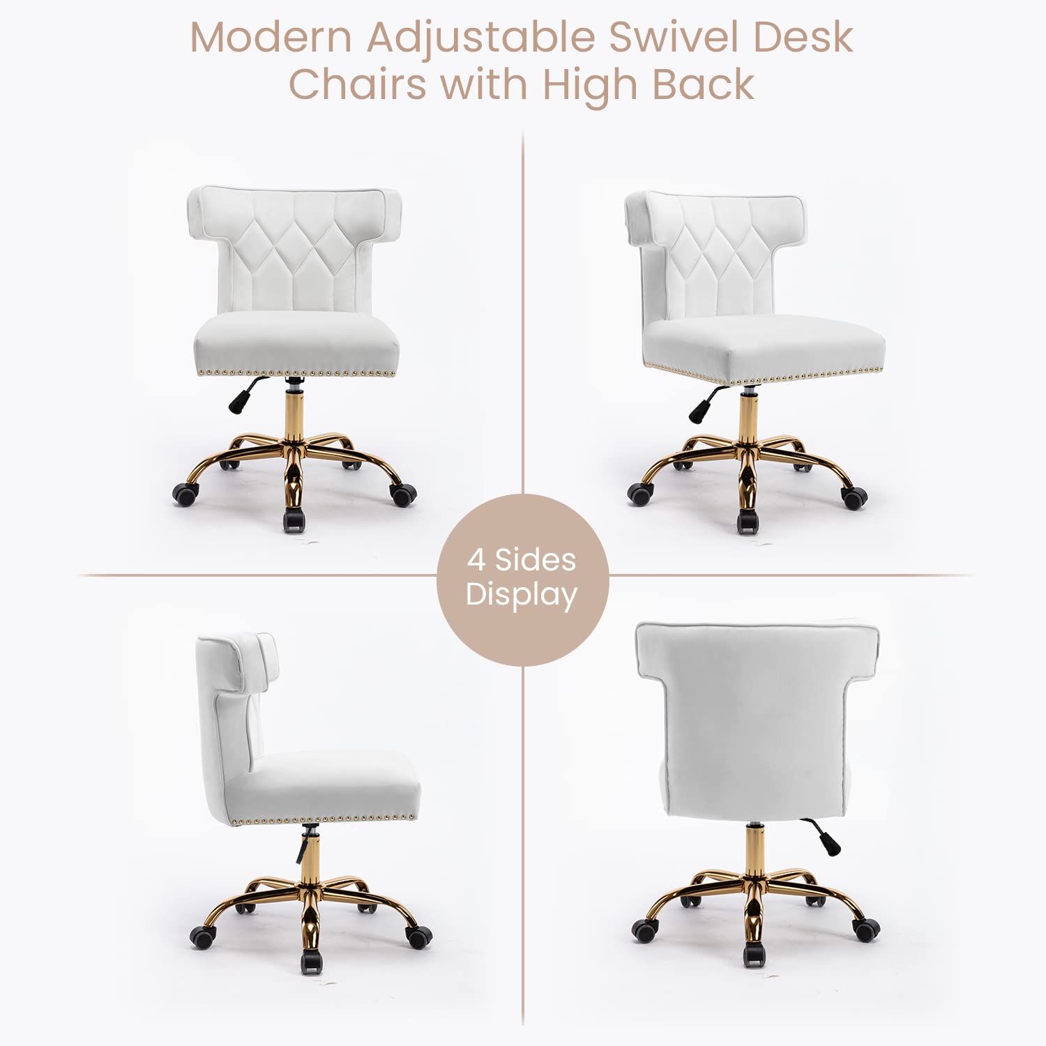 Premium Velvet Home Office Chair - Modern Adjustable Swivel Desk Chair with High Back Support, 360° Smooth Rolling Gold Wheels - Ergonomic Computer Chair for Living Room, Bedroom & Office Workspace (Beige) - Perfect for Remote Work, Gaming & Study Sessions