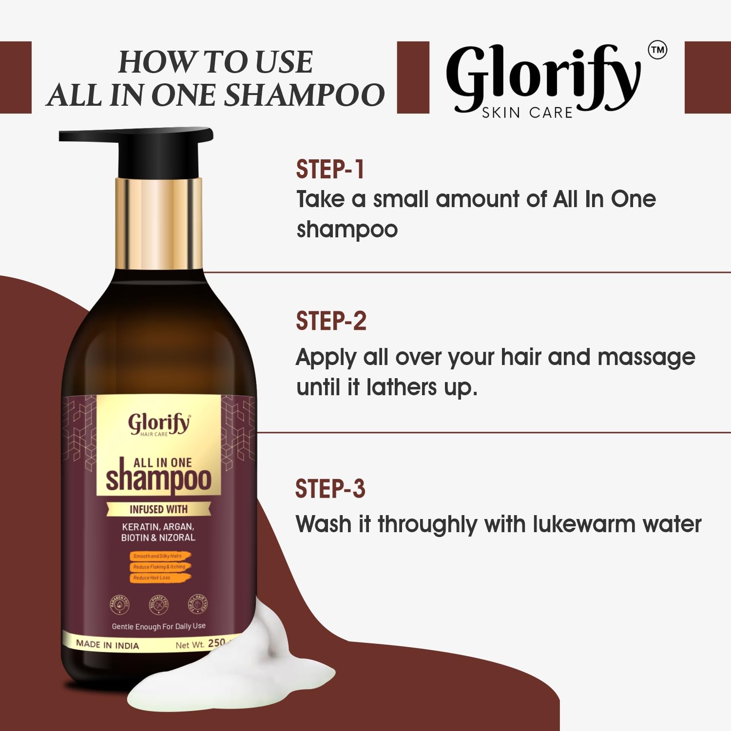 Glorify Biotin Shampoo with Keratin & Collagen for Hair Growth & Strength | Volumizing & Anti-Dandruff Shampoo | Reduces Itching & Repairs Damaged Hair | Controls Hair Loss for Men & Women | 250ml | Perfect for Daily Use & Hair Care Routine