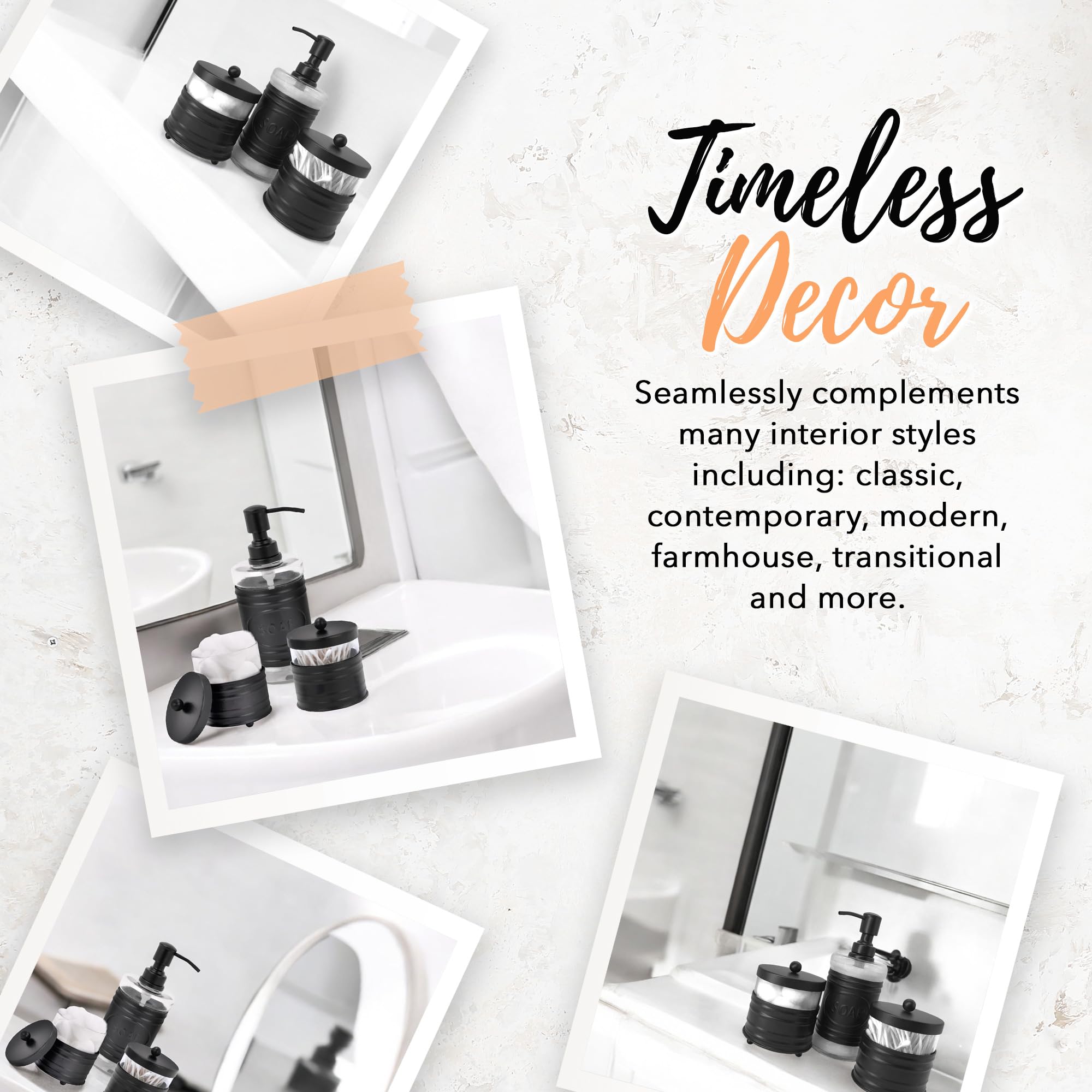 Modern Farmhouse Bathroom Accessory Set - 3-Piece Matte Black Soap Dispenser, Cotton Ball Holder & Q-Tip Organizer for Vanity - Rustic Bathroom Decor for Sink Countertop, Guest Bath & Farmhouse Style Homes