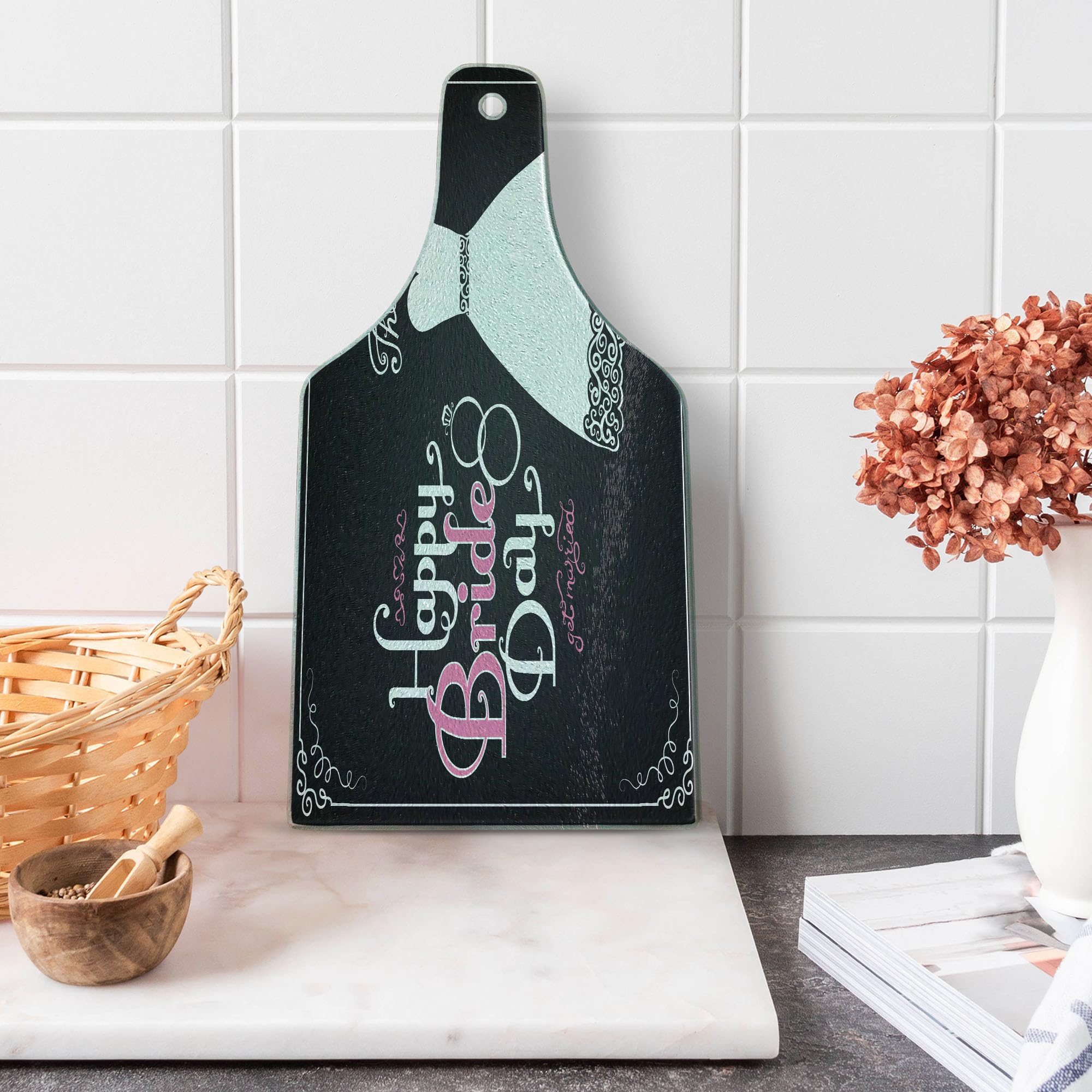 Ambesonne Wine Bottle Shaped Tempered Glass Cutting Board - Happy Bride Day Wedding Dress Swirls Art Print - Decorative Serving Board for Bridal Showers, Kitchen & Party Use - Black White & Pink Design