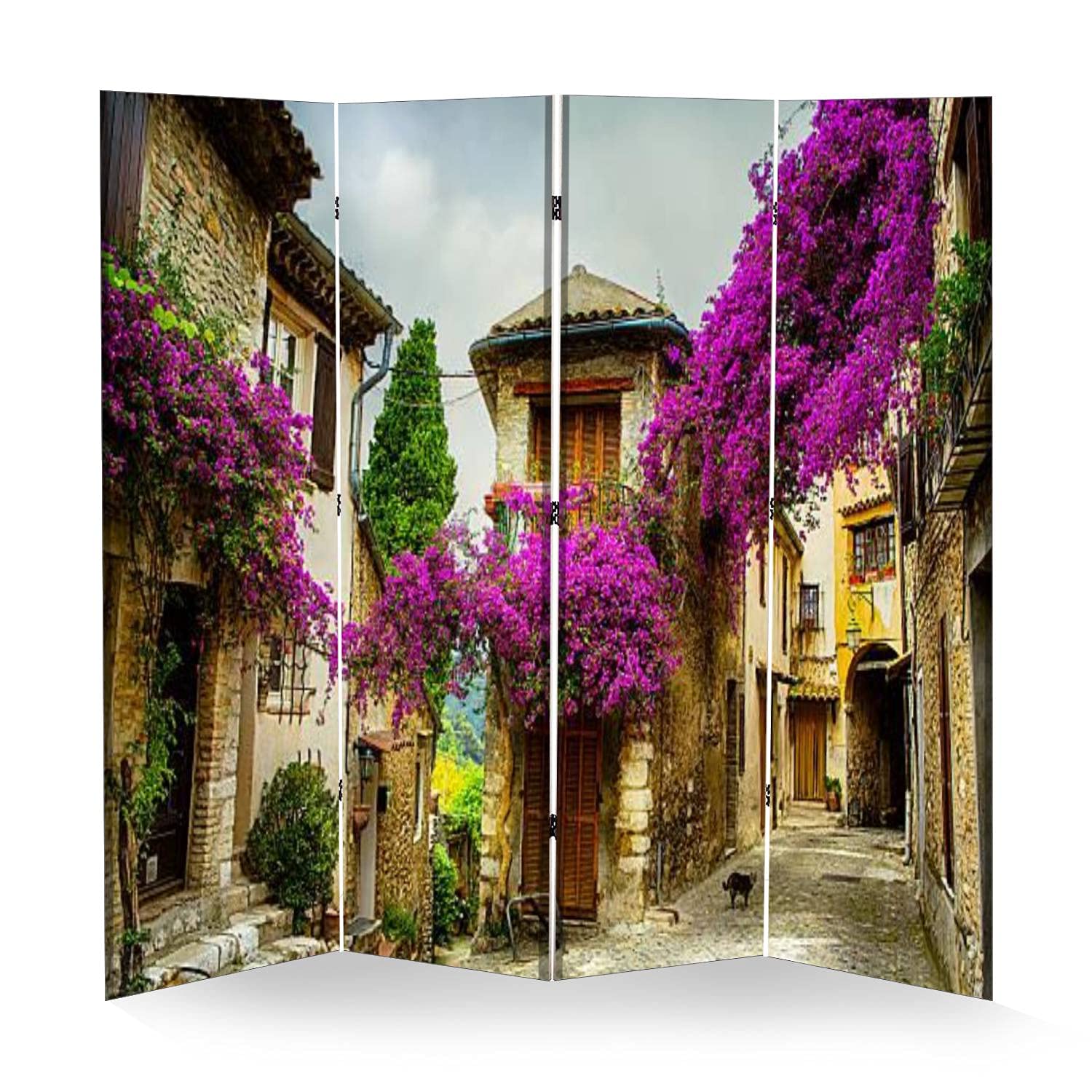 4 Panel Room Divider - Beautiful Provence Old Town Canvas Folding Privacy Screen, Portable Wall Divider & Freestanding Protective Separator (64W x 71H, 162x180cm) - Perfect for Home Office, Bedroom Partition & Event Decoration