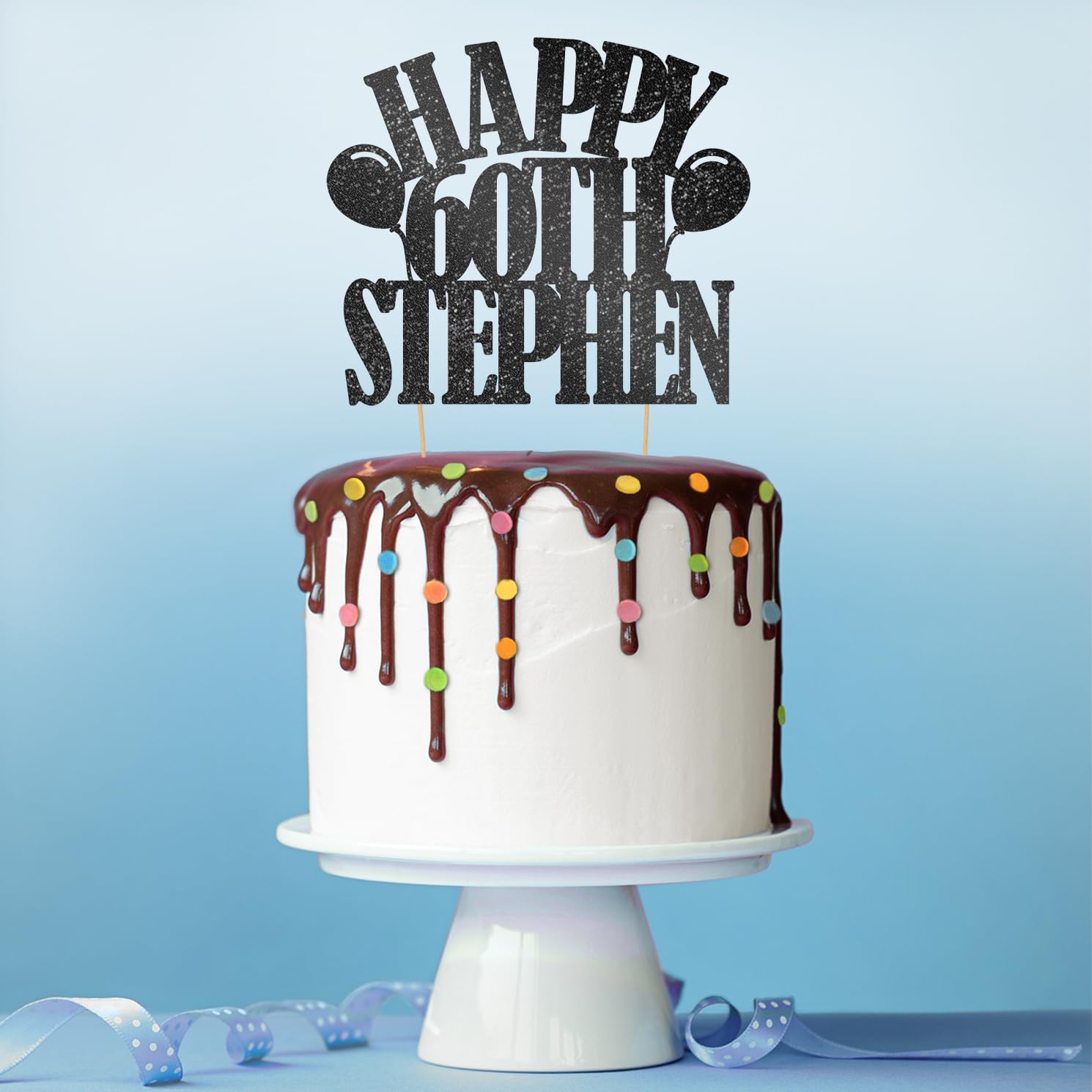 Personalized Happy Birthday Glitter Cake Topper with Balloons - Custom Name & Age Cake Decoration for Birthday Parties, Weddings & Special Events - Black Glitter Cake Decor with Sprinkles - Perfect for Cakes, Cupcakes & Desserts by Cakeshop