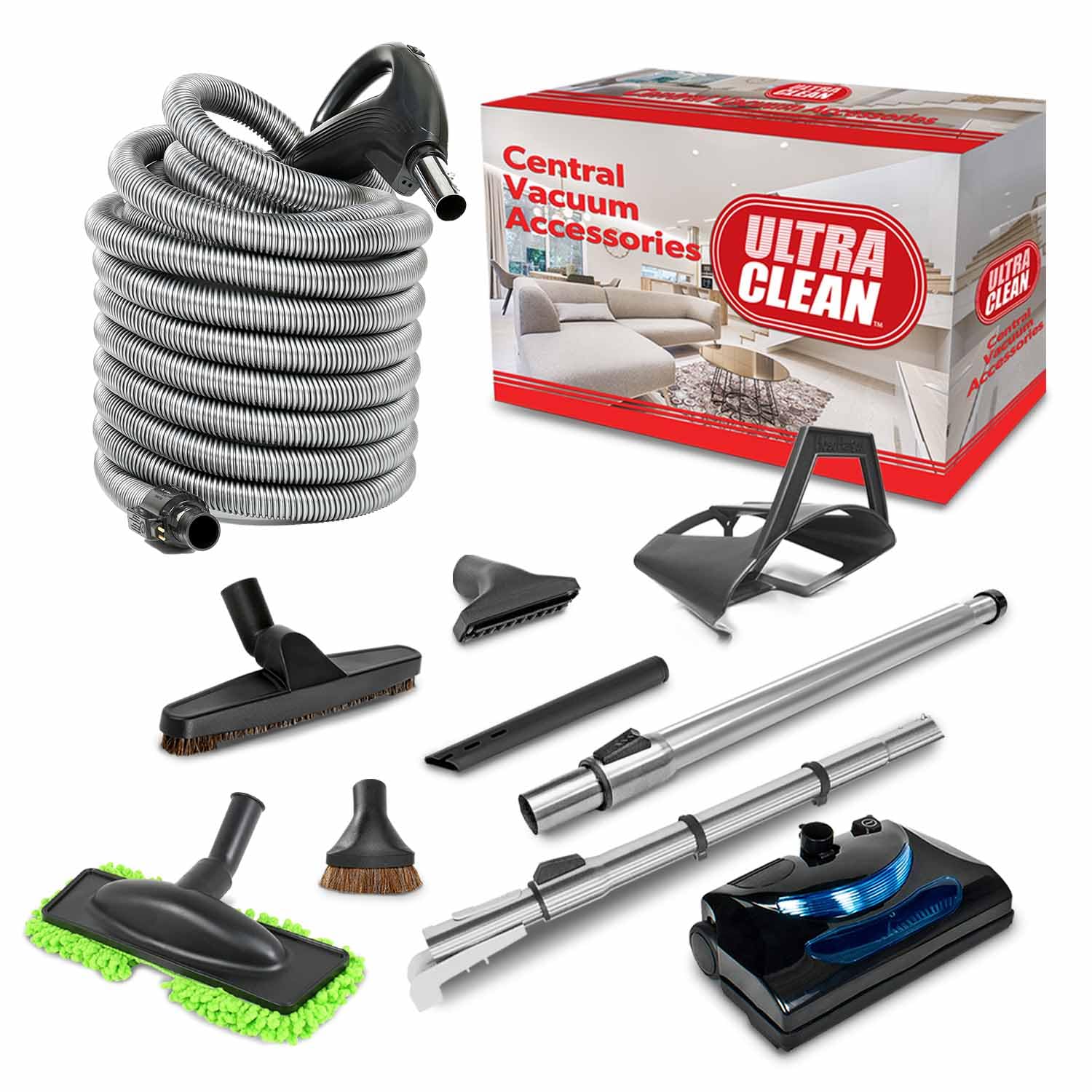 Ultra Clean Universal Central Vacuum Electric Powerhead Kit with 35ft Hose & Deluxe Attachments - Direct Connect Black for Whole House Deep Cleaning | Perfect for Carpets, Hard Floors & Stairs