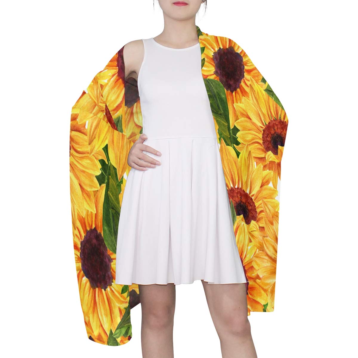 ALAZA Long Silk-Like Scarf for Women - Watercolor Sunflower Floral Print Yellow Shawl - Elegant Head Wrap & Fashion Stole - Perfect for Office, Party & Special Occasions