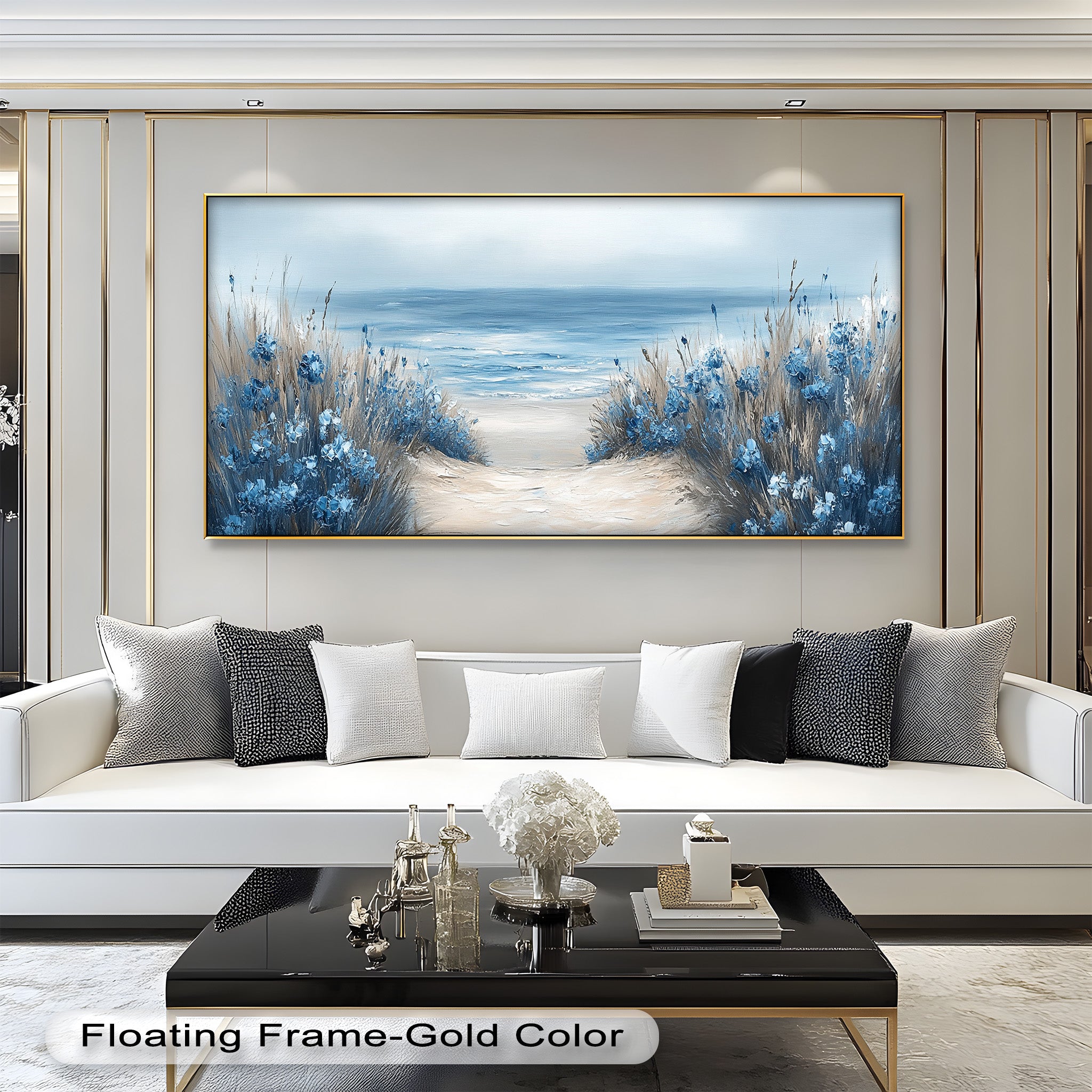 Blue Floral Beach Landscape Realism Oil Painting - Handmade Canvas Wall Art for Living Room, Bedroom & Office Decor